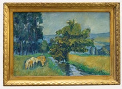Vintage 20th Century Oil, Grazing by the Stream