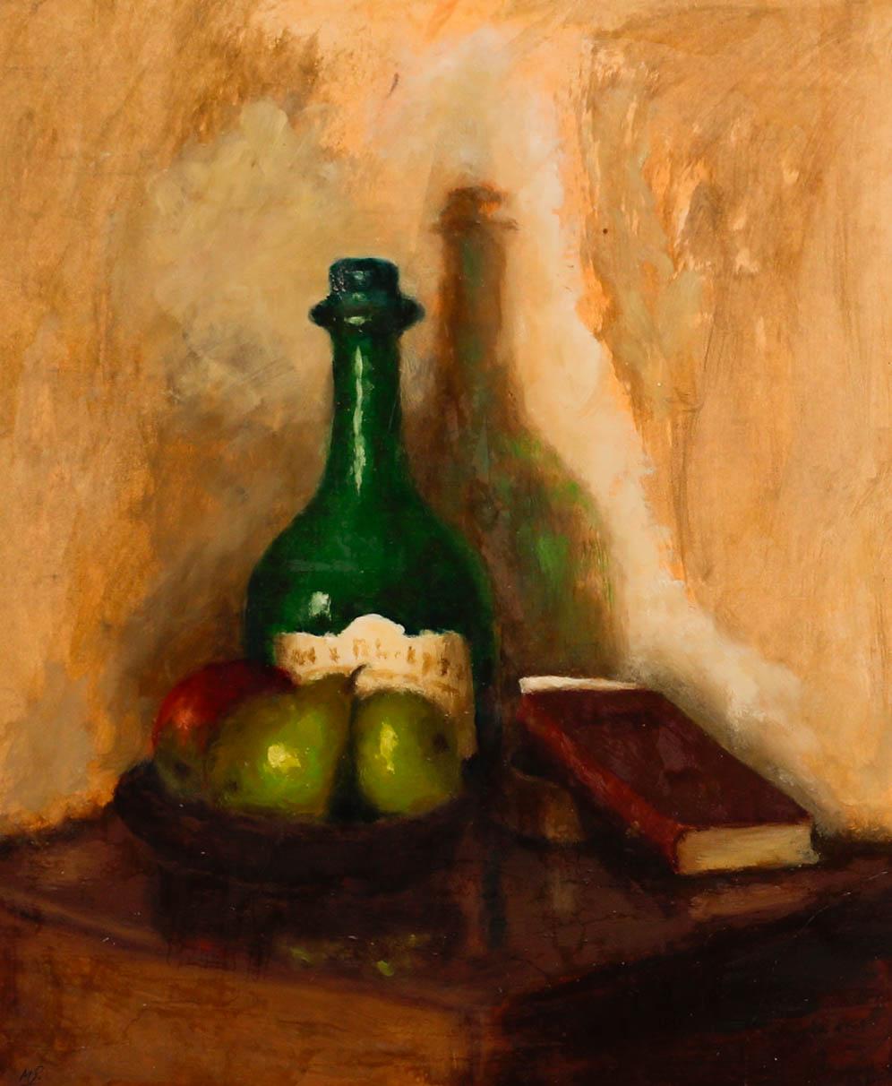 Óleo del siglo XX - Botella verde y fruta - Painting de Unknown