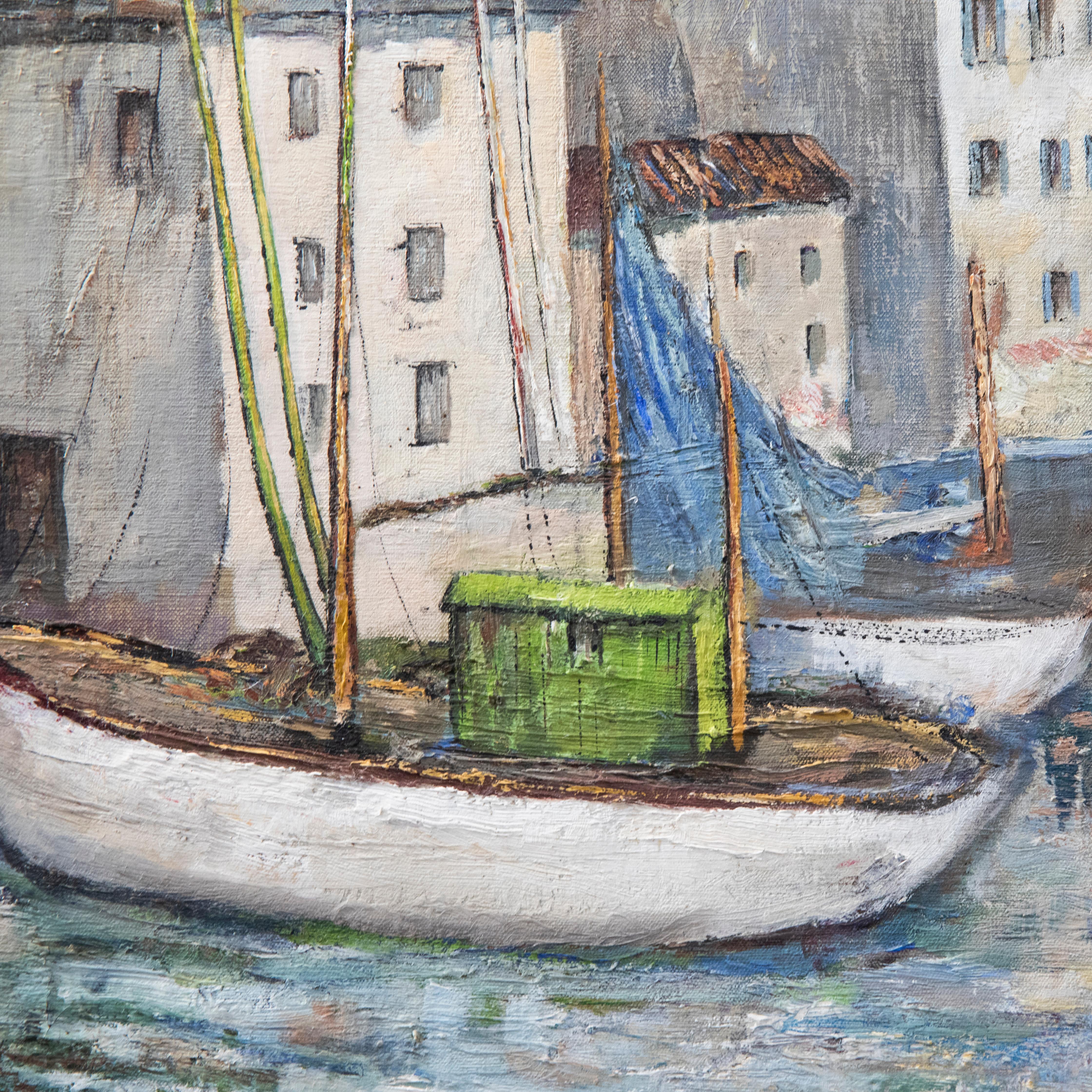 An impressionistic harbour scene in oil, complete with fine black outlining to the sea-side houses and fishing boats. A second artwork can be seen to the reverse of the oil,- A Still Life of Flowers. Unsigned. On canvas on stretchers. 