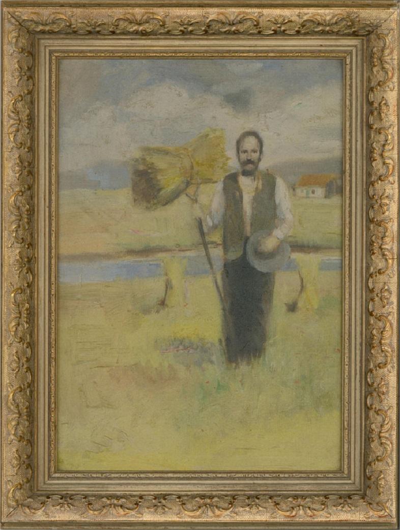 A dreamlike oil portrait showing an farmer holding his hat in one hand and a hay fork with a small hay stook speared at the end. The artist has given this painting a dreamlike surrealism with a vibrant palette for the impressionistic landscape and a