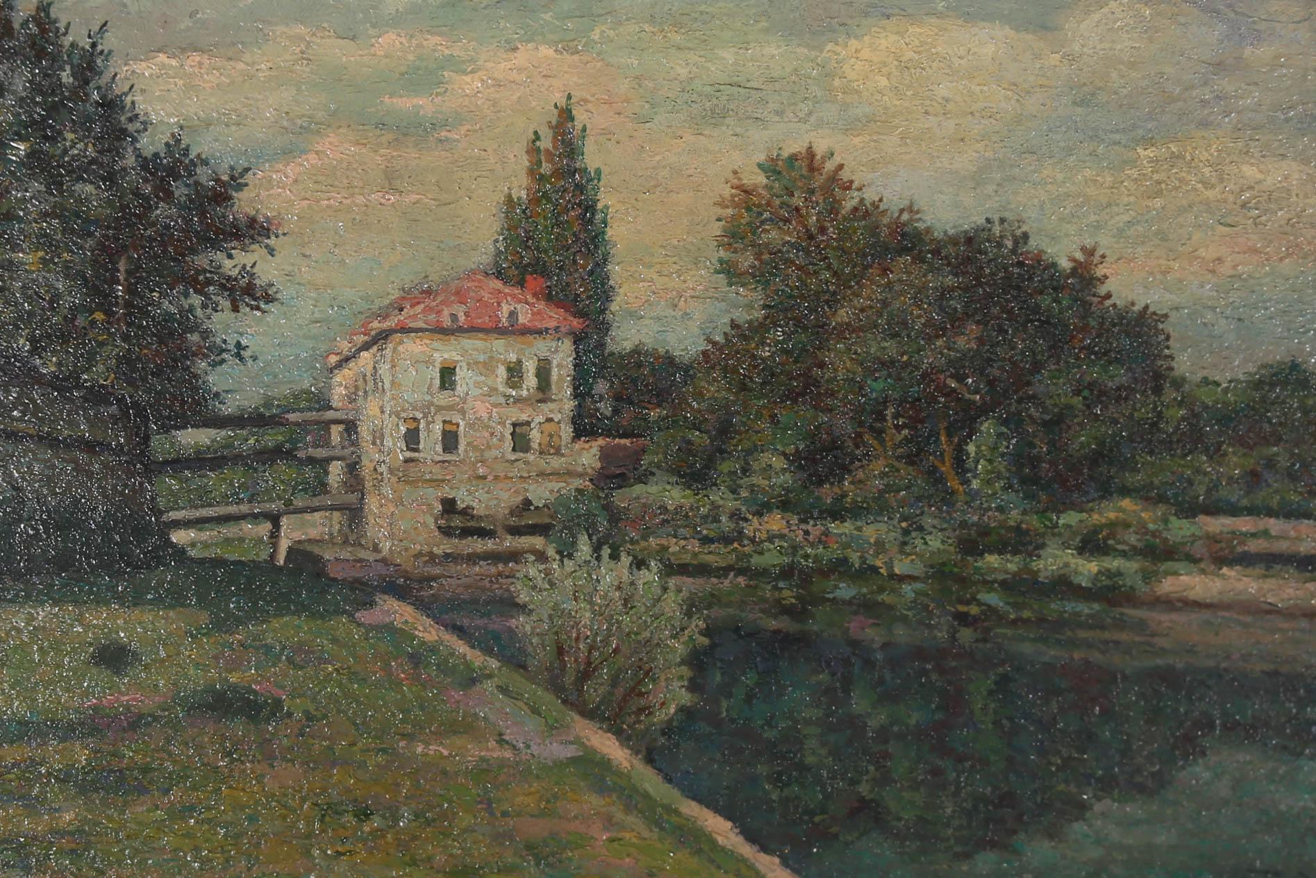 Olio del XX secolo - Casa sul fiume - Painting di Unknown