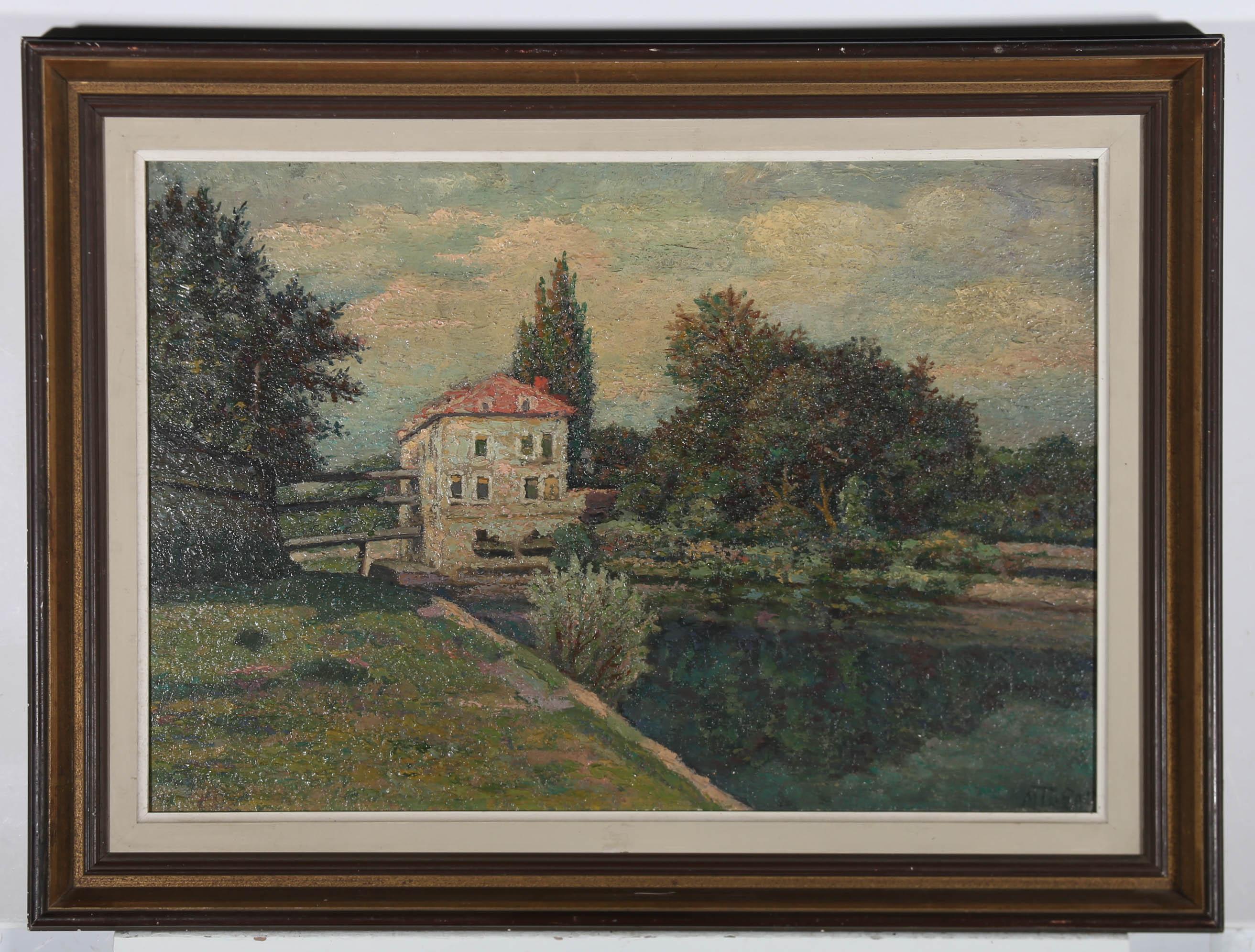 An idyllic Summer scene in impasto oil, showing a river in verdant countryside with a pretty white house on the far bank. The artist has signed illegibly to the lower right corner and the painting has been presented in a 20th Century frame. On