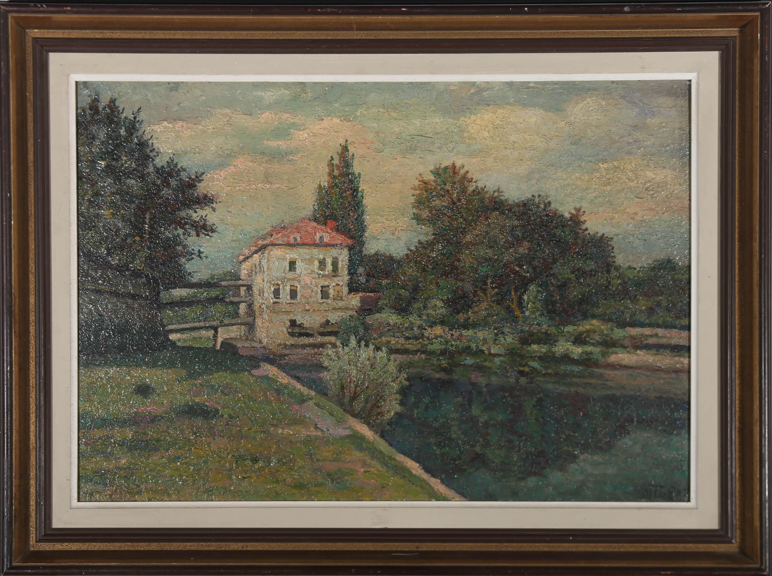Unknown Landscape Painting - 20th Century Oil - House On The River