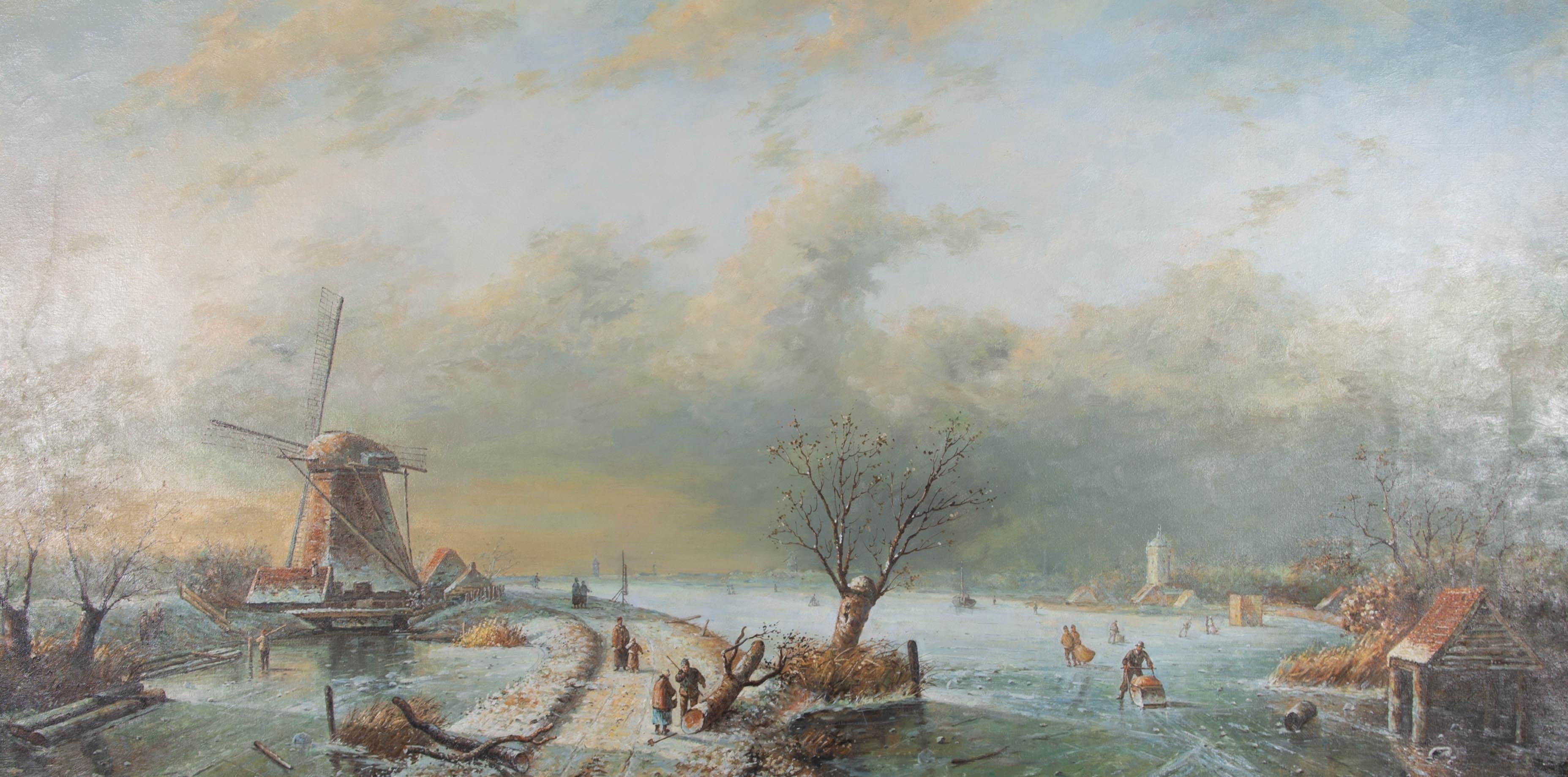 A fine 20th Century panoramic view in oil showing a frozen Dutch river with people skating and others working on the bank. There is a windmill to the left and the silhouette of a city on the distant horizon. The painting is unsigned and presented in