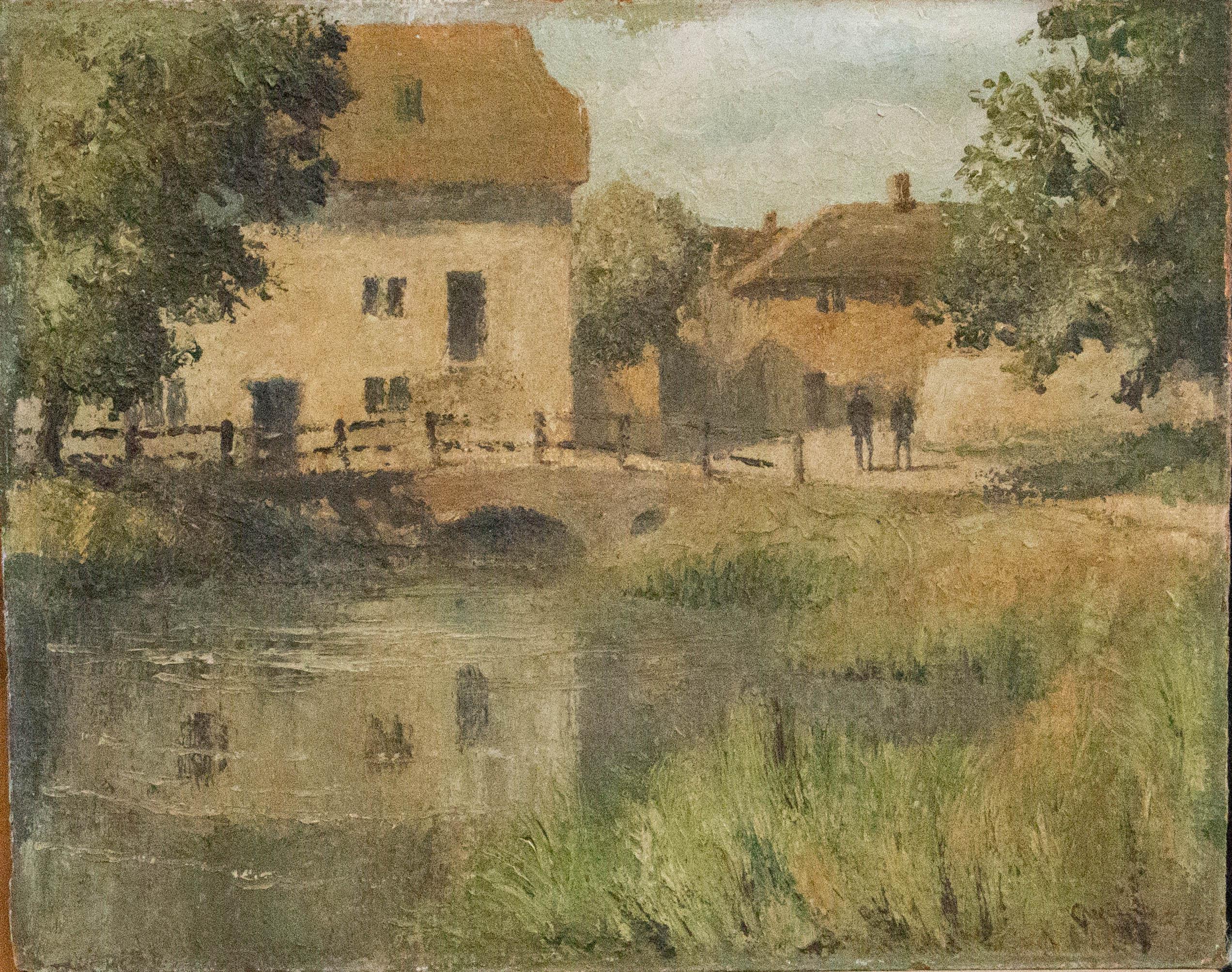 An impressionistic painting with impasto depicting a river flowing through a farm or village, crossed by a bridge. Two figures walk together to the right-hand side of the composition. Signed illegibly to the lower-right corner. On board.




