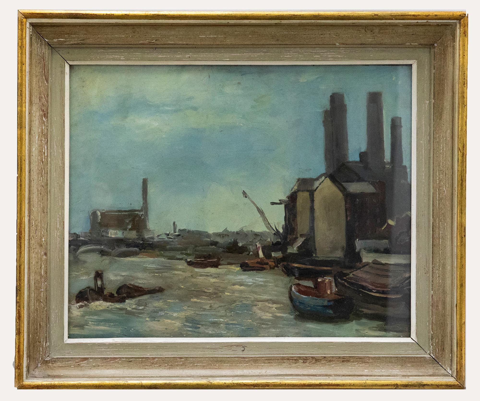 Unknown Figurative Painting - 20th Century Oil - Industrial River Scene