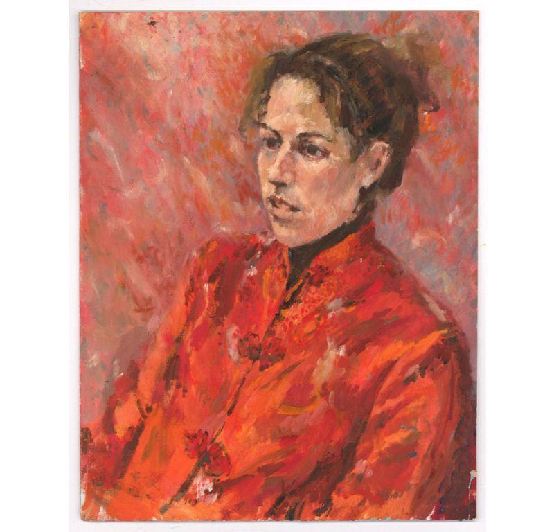 20th Century Oil - Lady in Red - Painting by Unknown