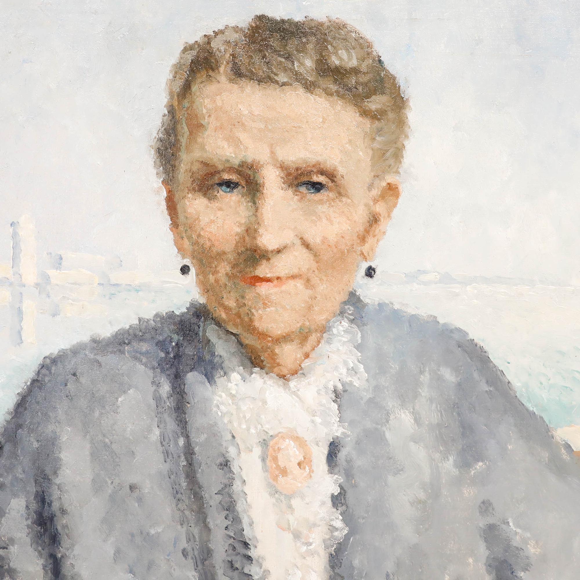 This intimate portrait depicts an elderly woman with graying hair wearing a dark grey dress with white lace collar detailing, painted against a soft, luminous background that suggests an outdoor setting. The composition focuses on the subject's