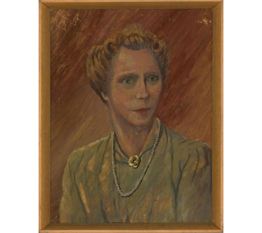 A charming oil painting, depicting a portrait of a lady wearing a pale dress and a pearl necklace. Unsigned. Presented in a light wooden frame, as shown. On board.
