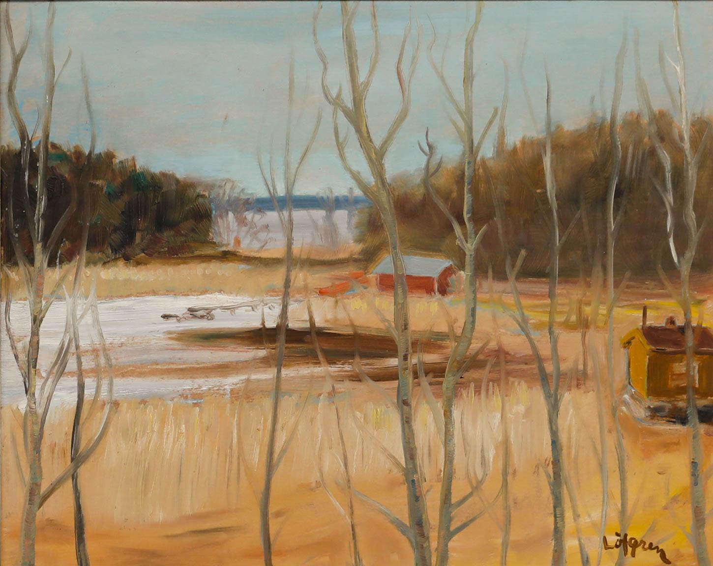 Öl des 20. Jahrhunderts - Lakeside Dwellings – Painting von Unknown
