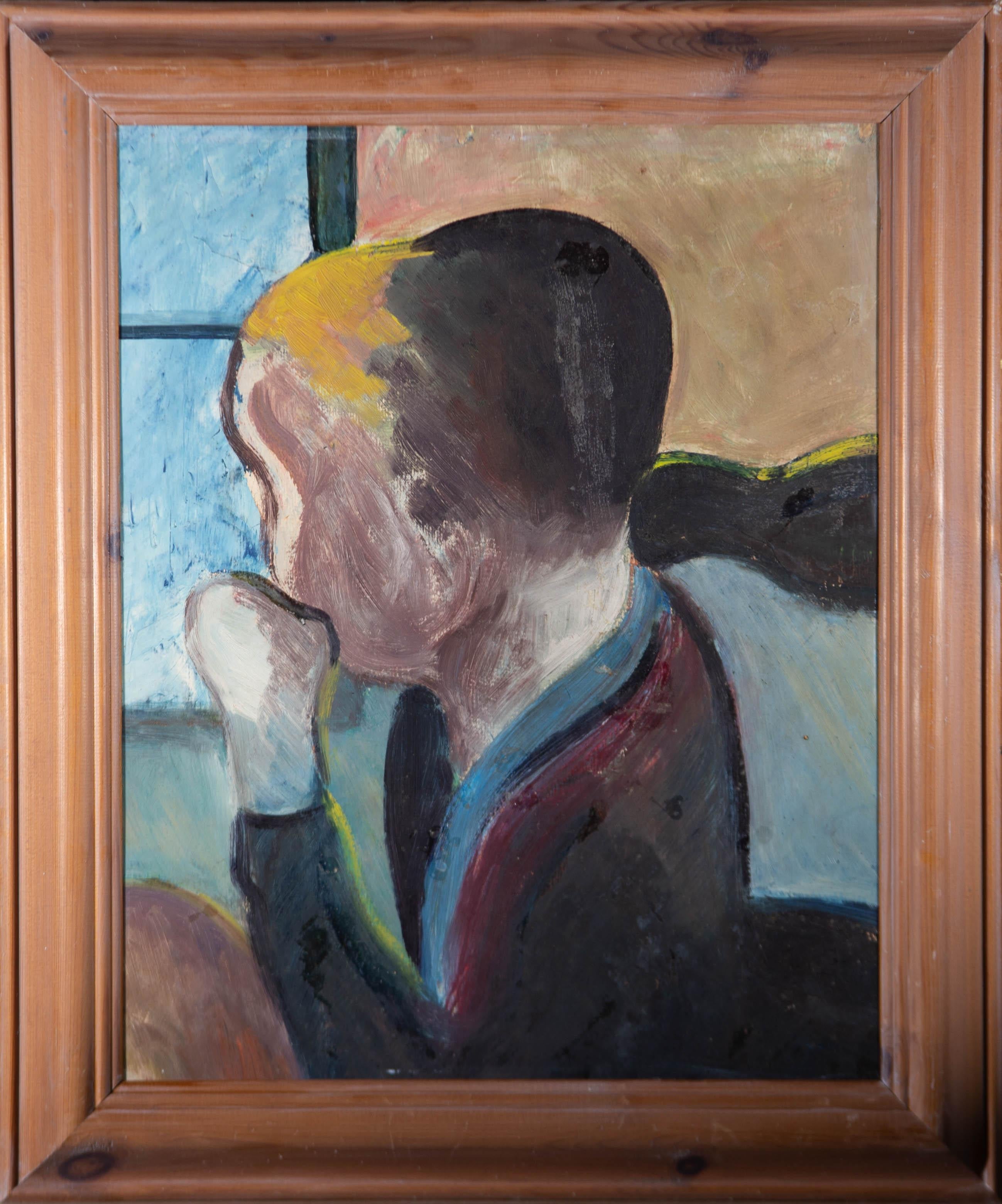 Unknown Portrait Painting – Ölgemälde des 20. Jahrhunderts - Blick durch ein Fenster