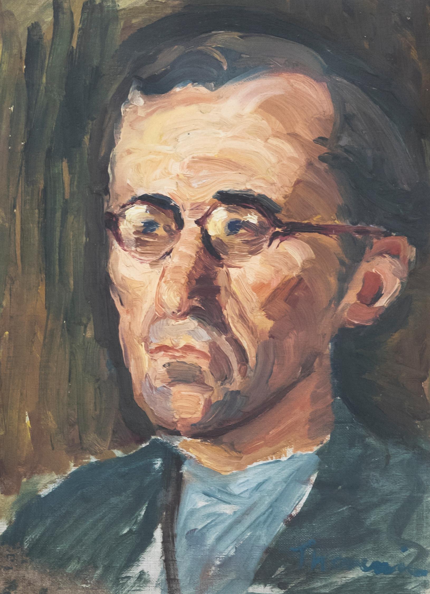 Huile du 20e siècle - Homme aux lunettes rouges - Painting de Unknown