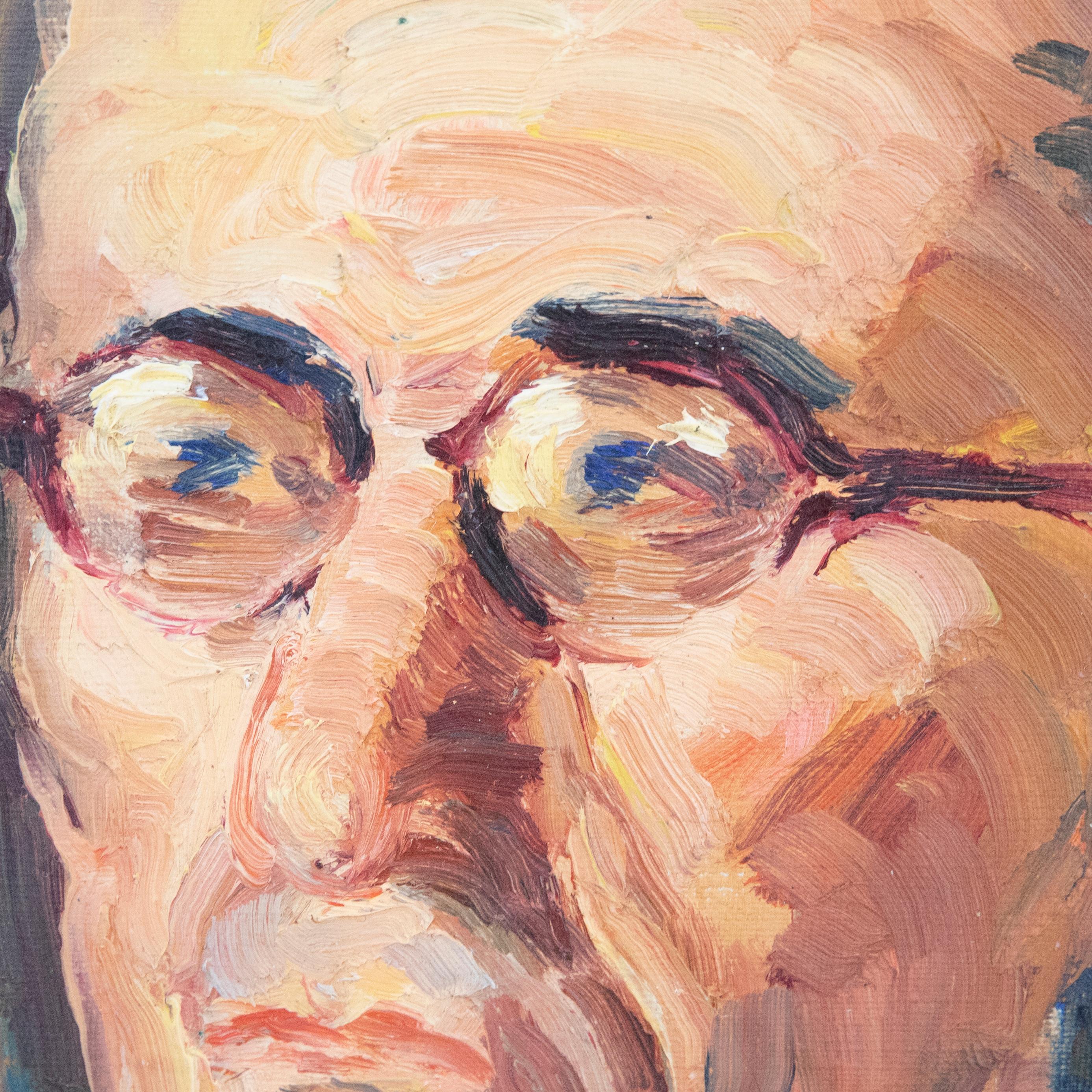 20th Century Oil - Man in Red Glasses For Sale 1