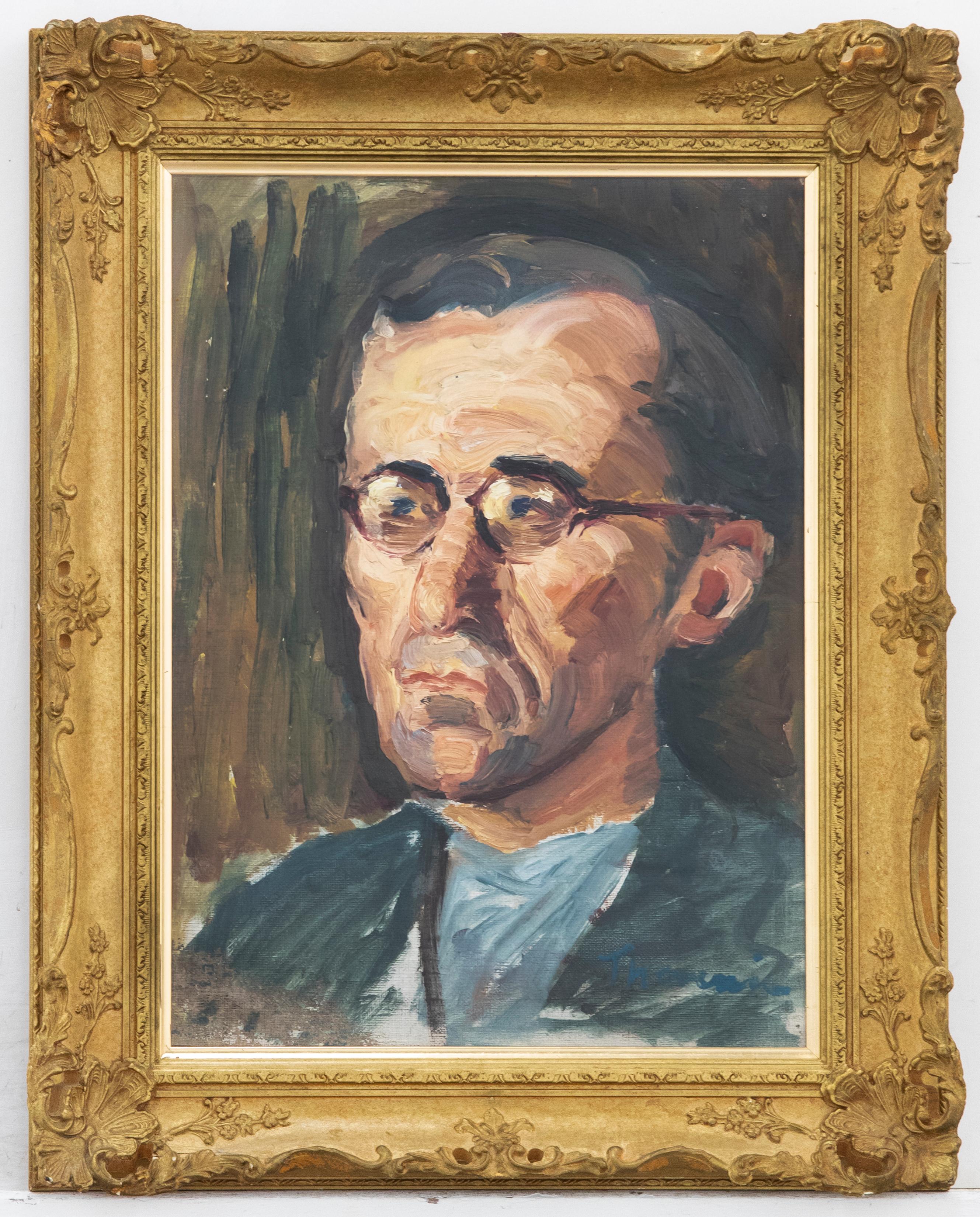 Portrait Painting Unknown - Huile du 20e siècle - Homme aux lunettes rouges