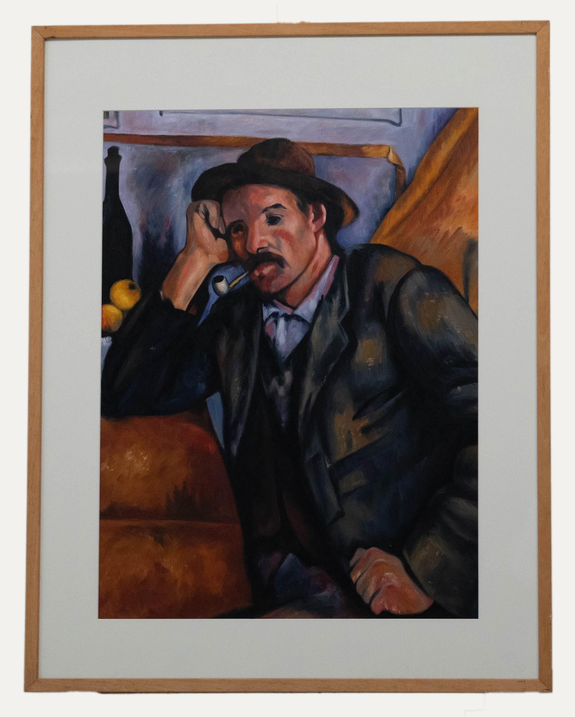 Unknown Portrait Painting – 20. Jahrhundert Öl - Mann raucht Pfeife