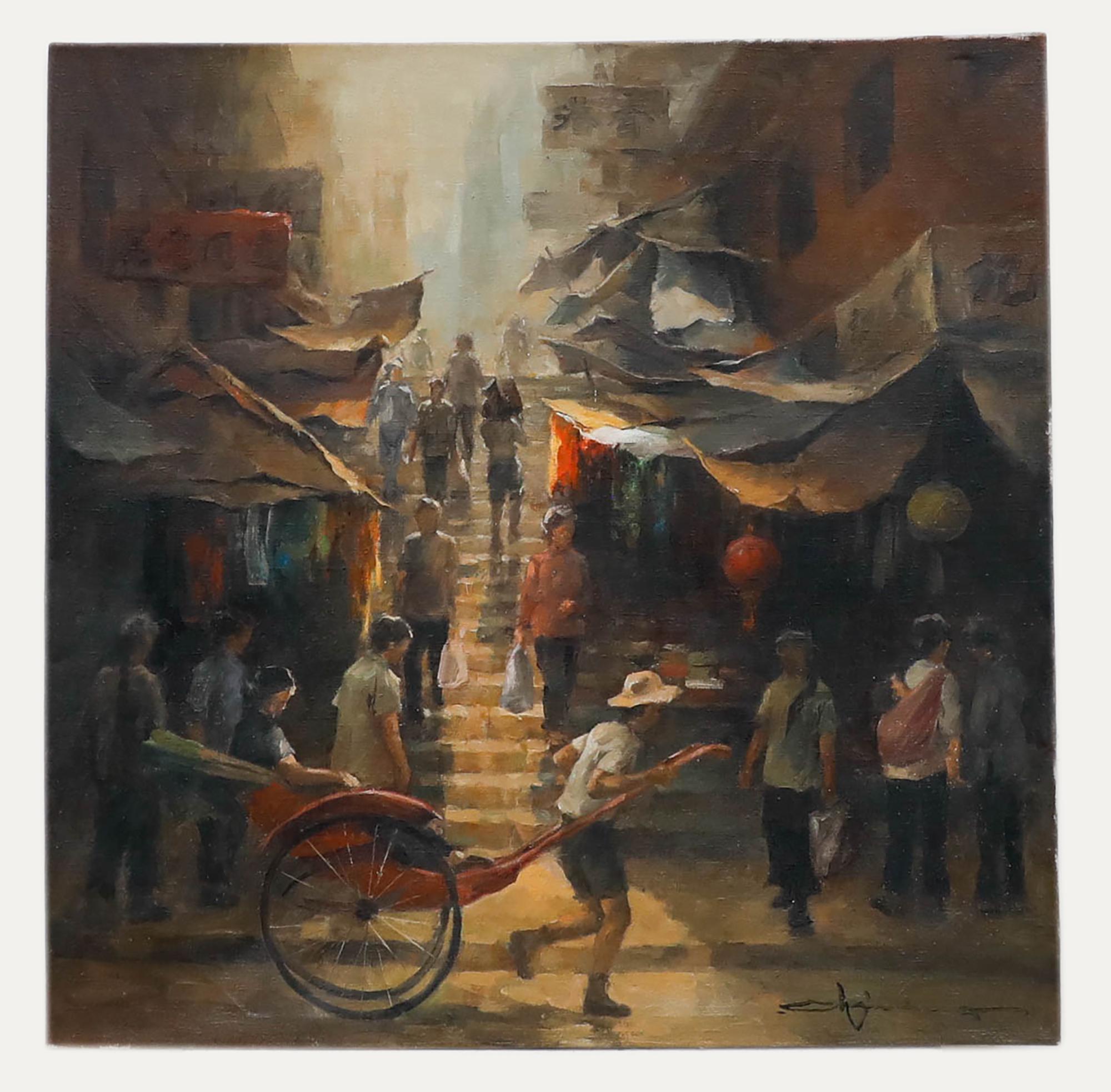 20th Century Oil - Market in Japan - Painting by Unknown
