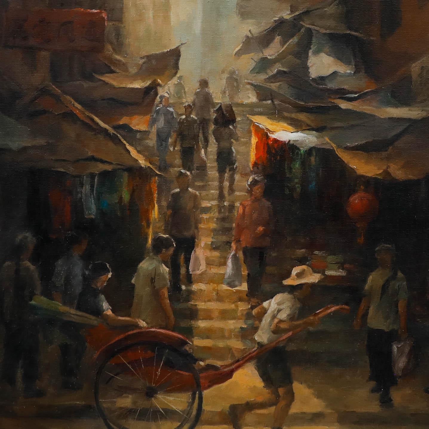 A charming scene depicting a bustling market in Japan. Signed illegibly to the lower right. On canvas.