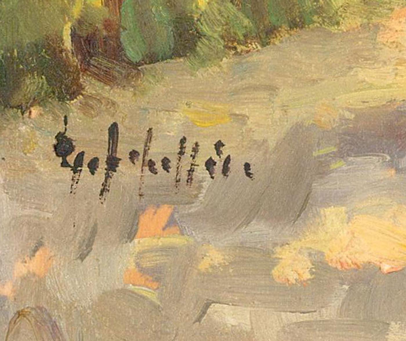 Cette scène à l'huile colorée représente un groupe d'habitations méditerranéennes dans un paysage paisible et impressionniste. Signé indistinctement en bas à gauche. Sur planche de bois.
