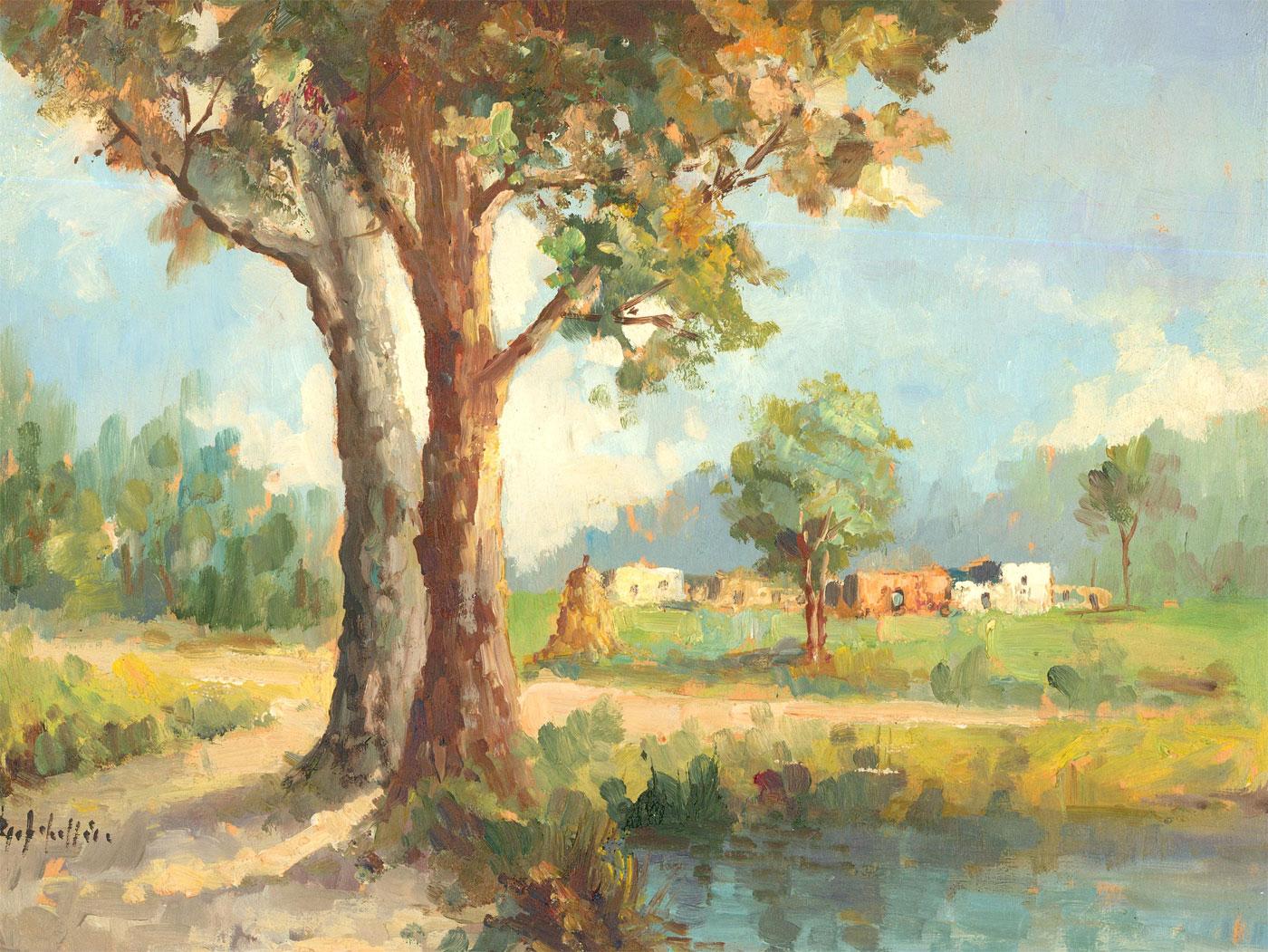 Landscape Painting Unknown - Huile du XXe siècle - Mobilier méditerranéen