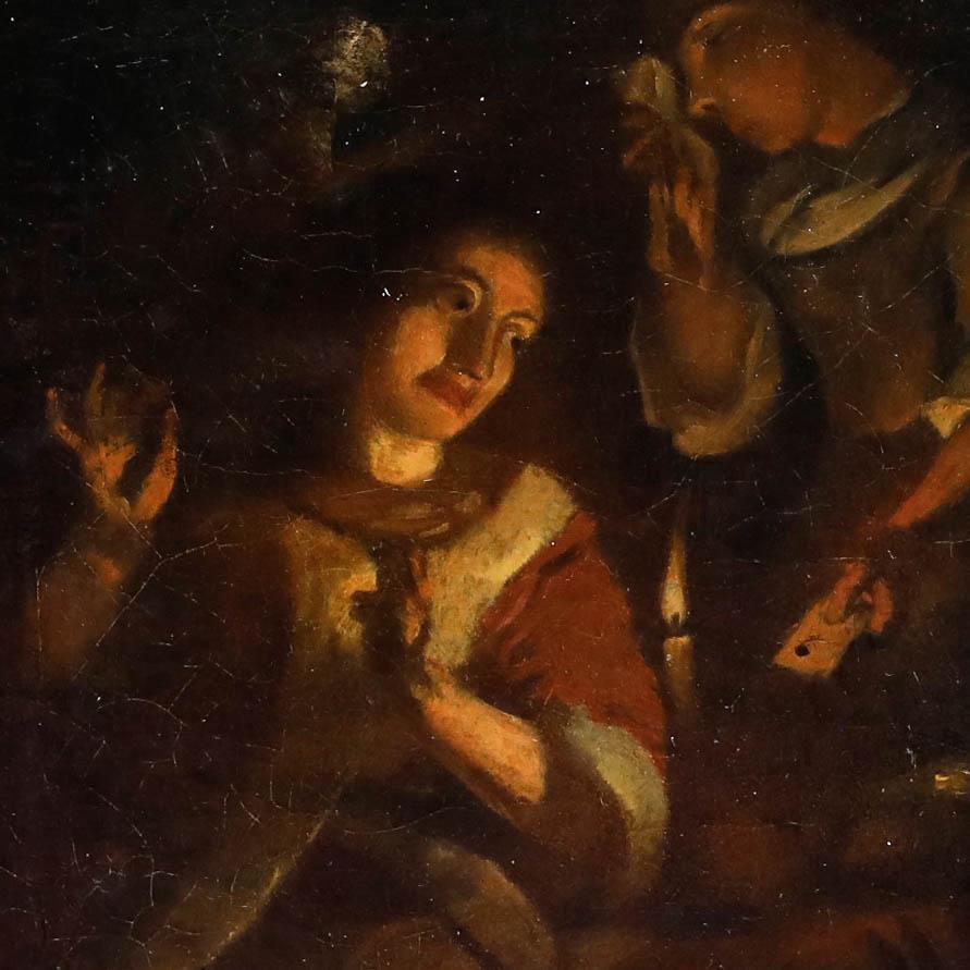 This intimate painting of two women illuminated by a single candle creates a dramatic chiaroscuro effect that draws the viewer's attention to the central figures. The tender moment between the two figures, with warm golden tones emerging from the
