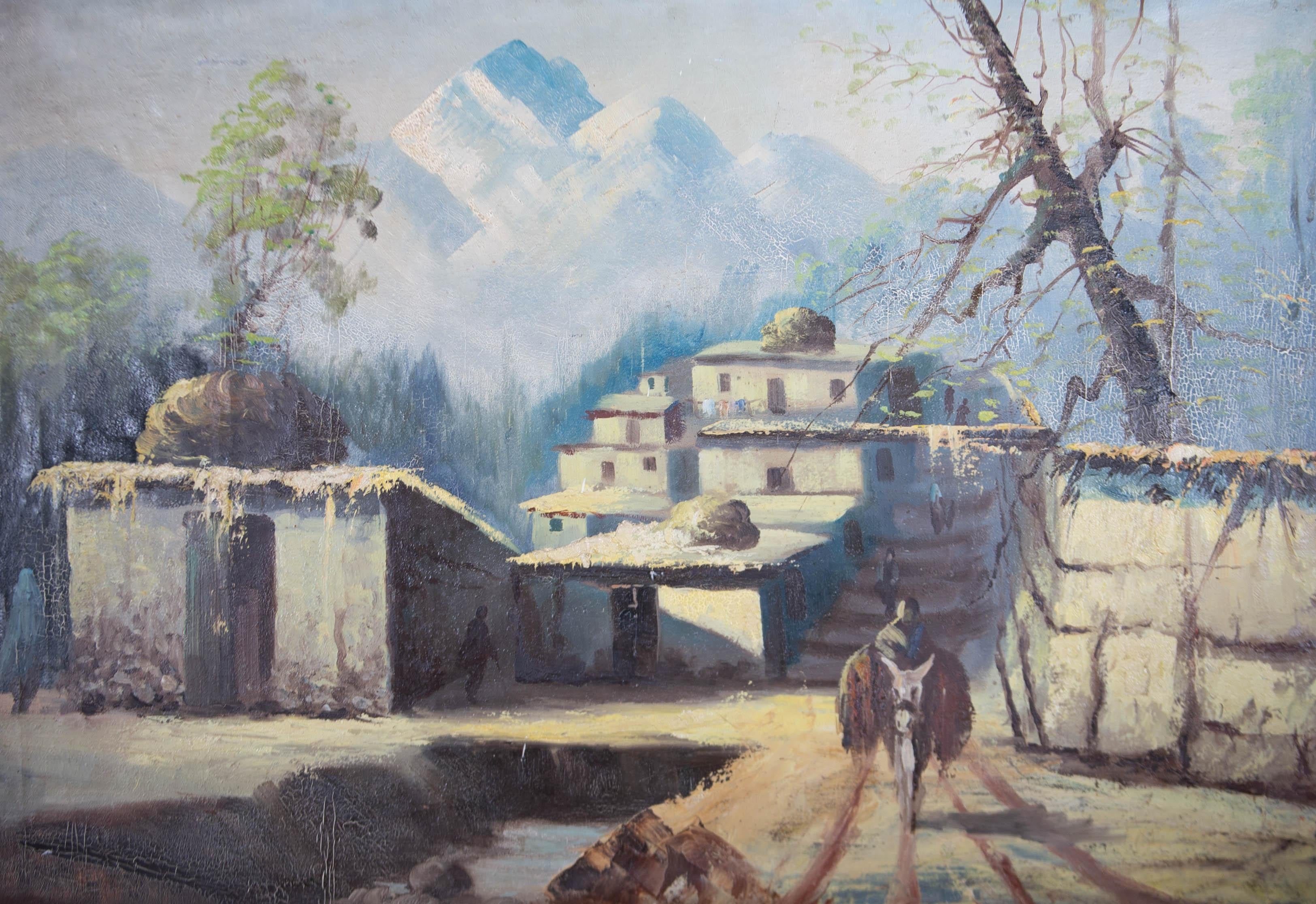 20th Century Oil - Middle Eastern Village Scene - Painting by Unknown