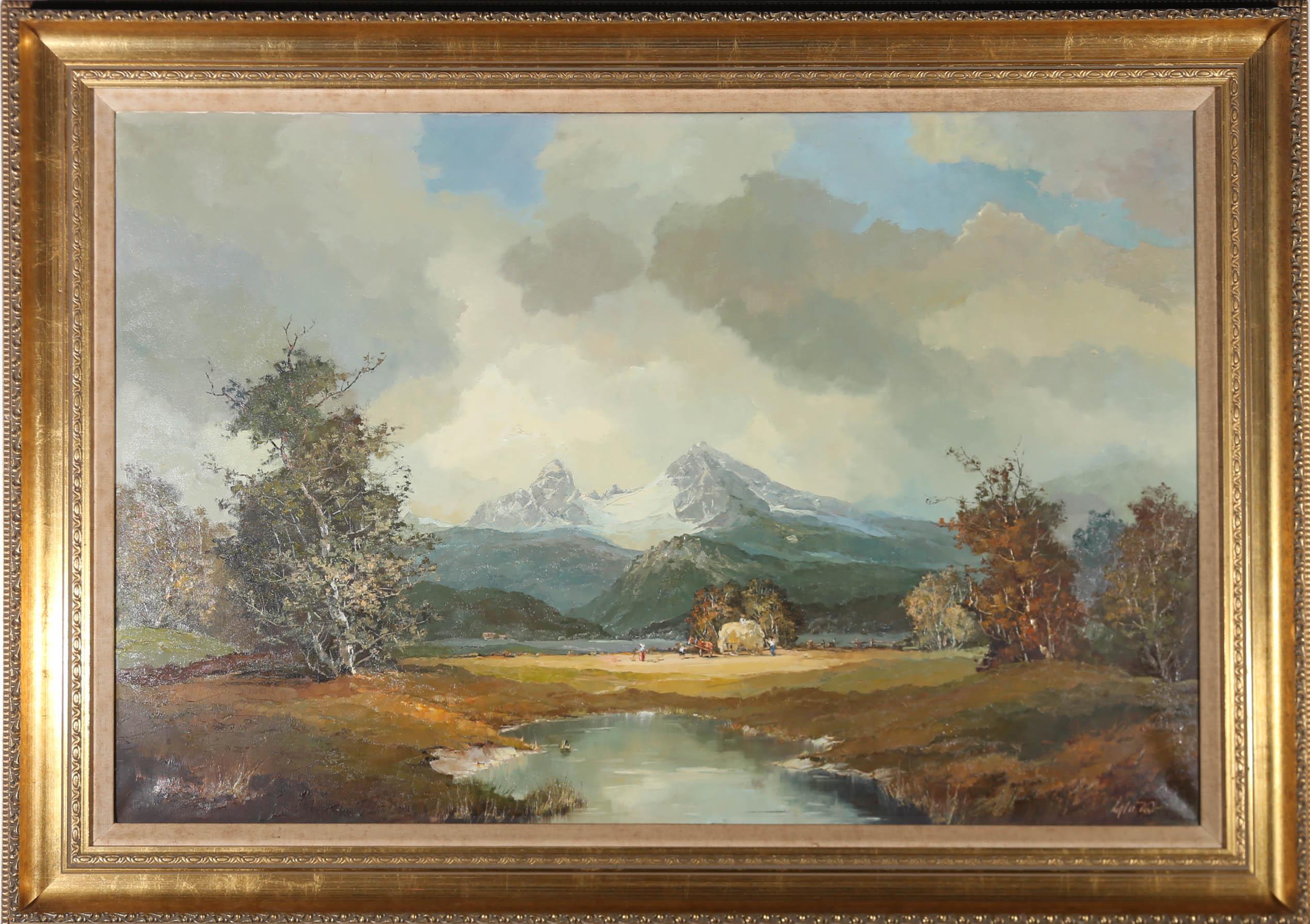 Unknown Landscape Painting - 20th Century Oil - Mountainside Hay Making