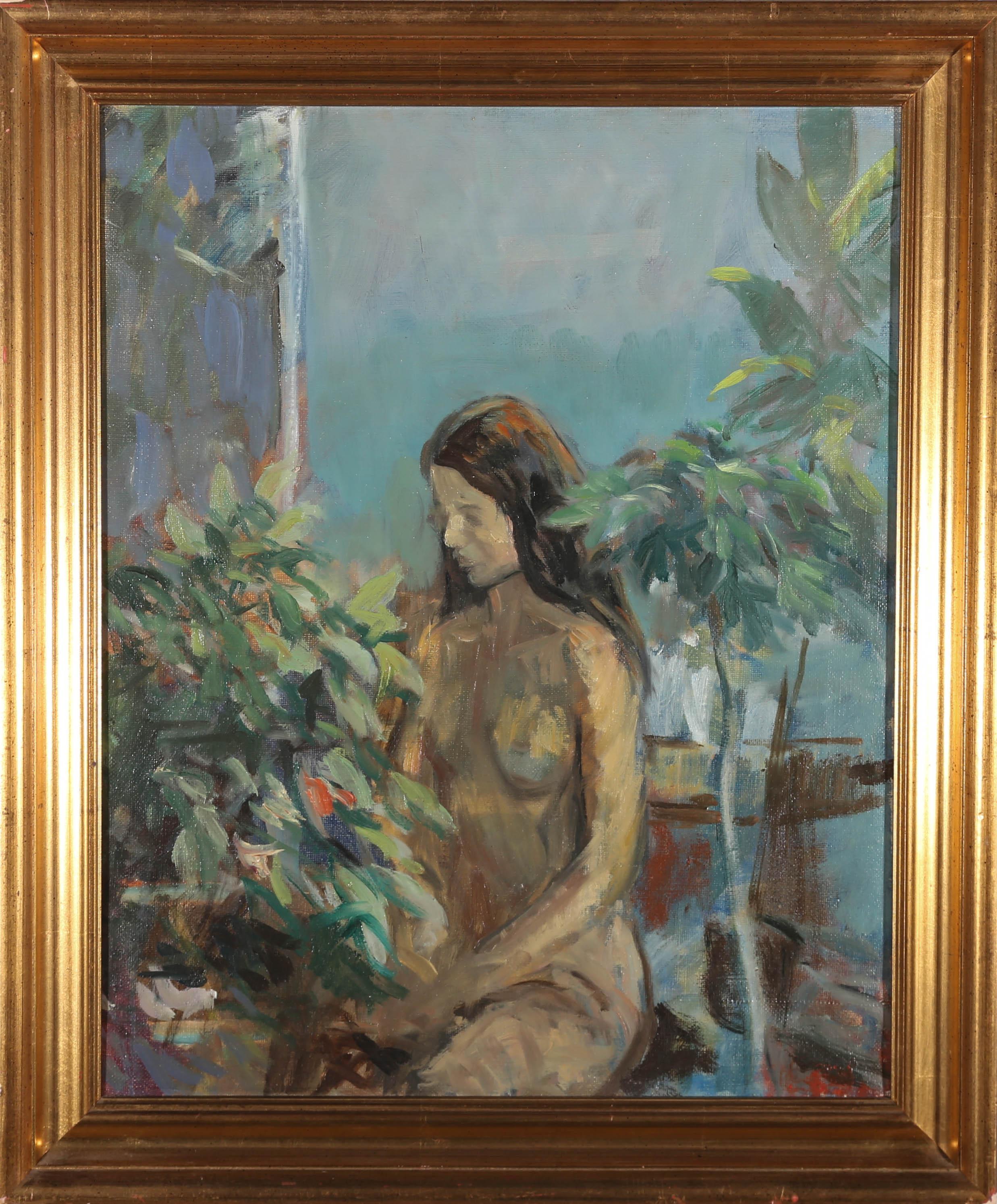 Unknown Portrait Painting - 20th Century Oil - Nude Among The Leaves