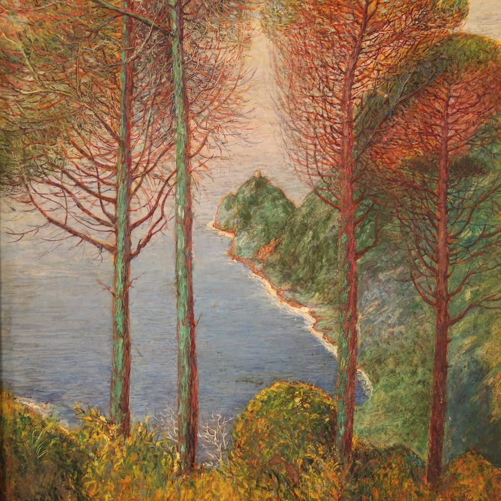 Refined Italian painting of the 20th century. Oil on board painting depicting a splendid coastal landscape with maritime pines overlooking a cliff that plunges into the sea. Painting signed lower left (see photo), under study. Painting of remarkable