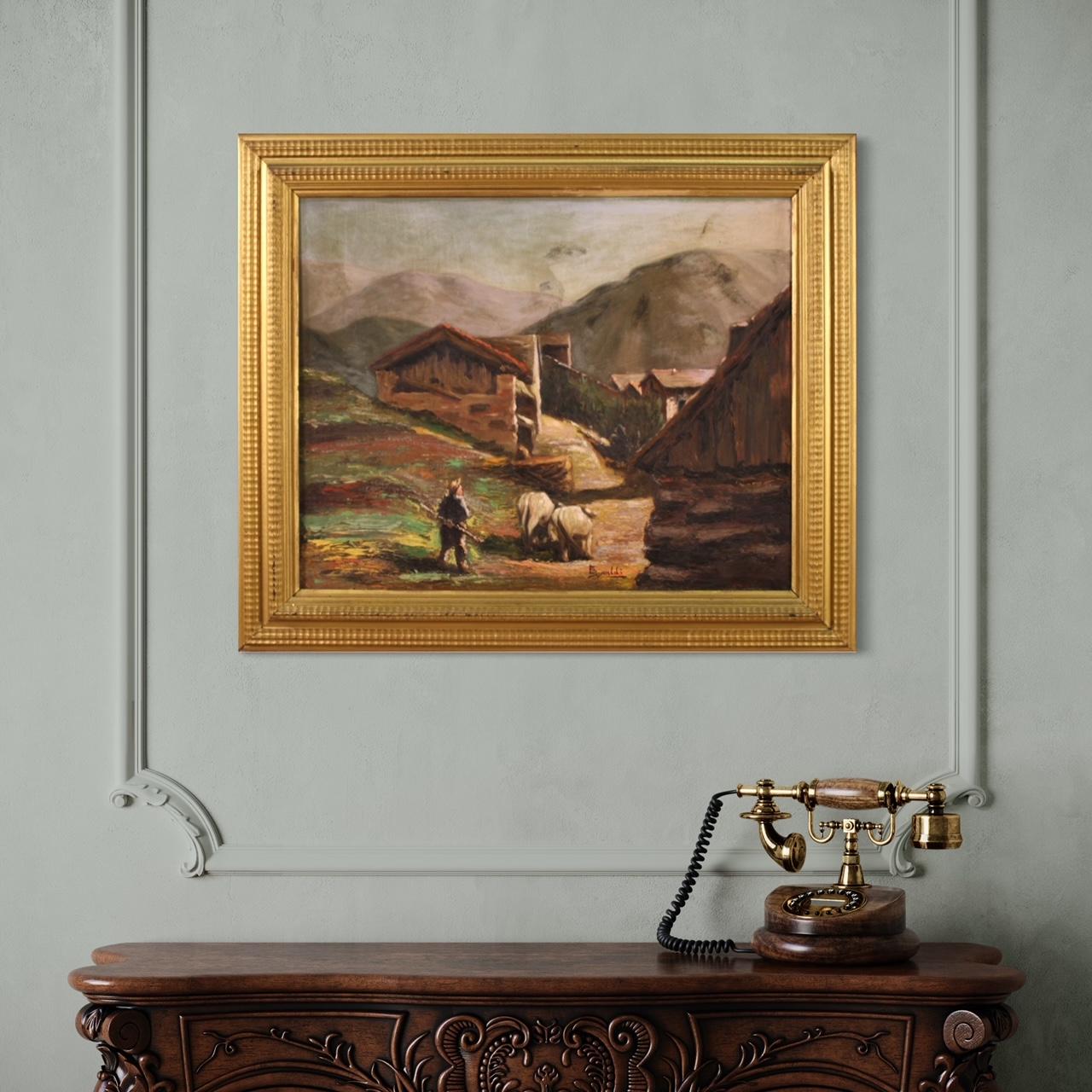 20. Jahrhundert Öl auf Karton Italienisch signiert Gemälde Landschaft mit Hirte, 1950 – Painting von Unknown