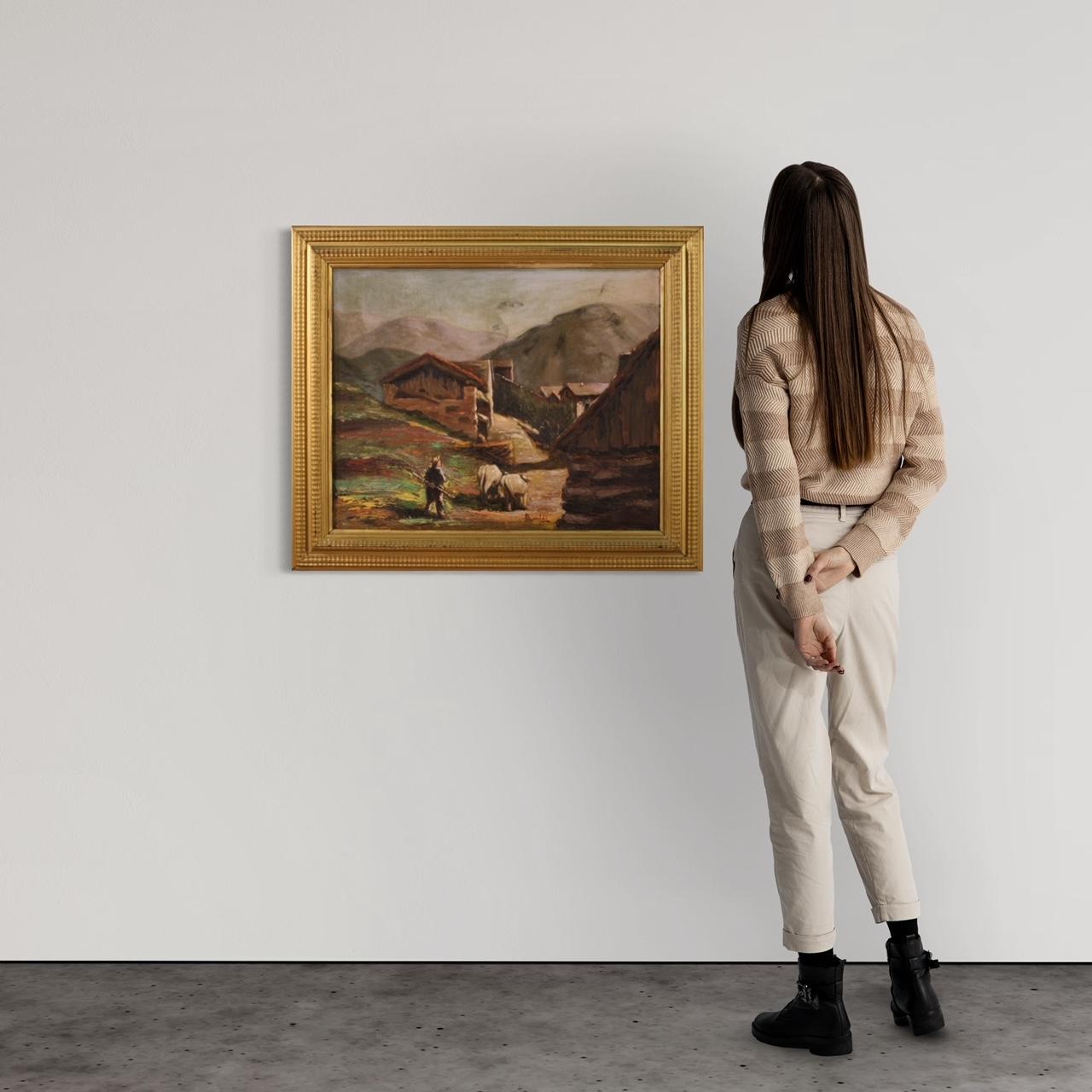 Italienische Malerei aus der ersten Hälfte des 20. Jahrhunderts. Kunstwerk Öl auf Tafel mit der Darstellung einer Landschaft mit Hirten und Kühen von guter malerischer Qualität. Wunderschönes, großformatiges und angenehm dekoriertes Gemälde mit