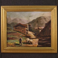 20e siècle Huile sur panneau Peinture italienne signée Paysage avec berger, 1950
