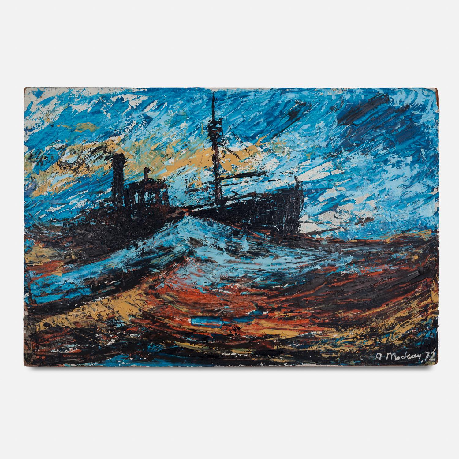 Unknown Landscape Painting - 20th Century Oil on Board Painting of a Fishing Trawler by A. Mackay