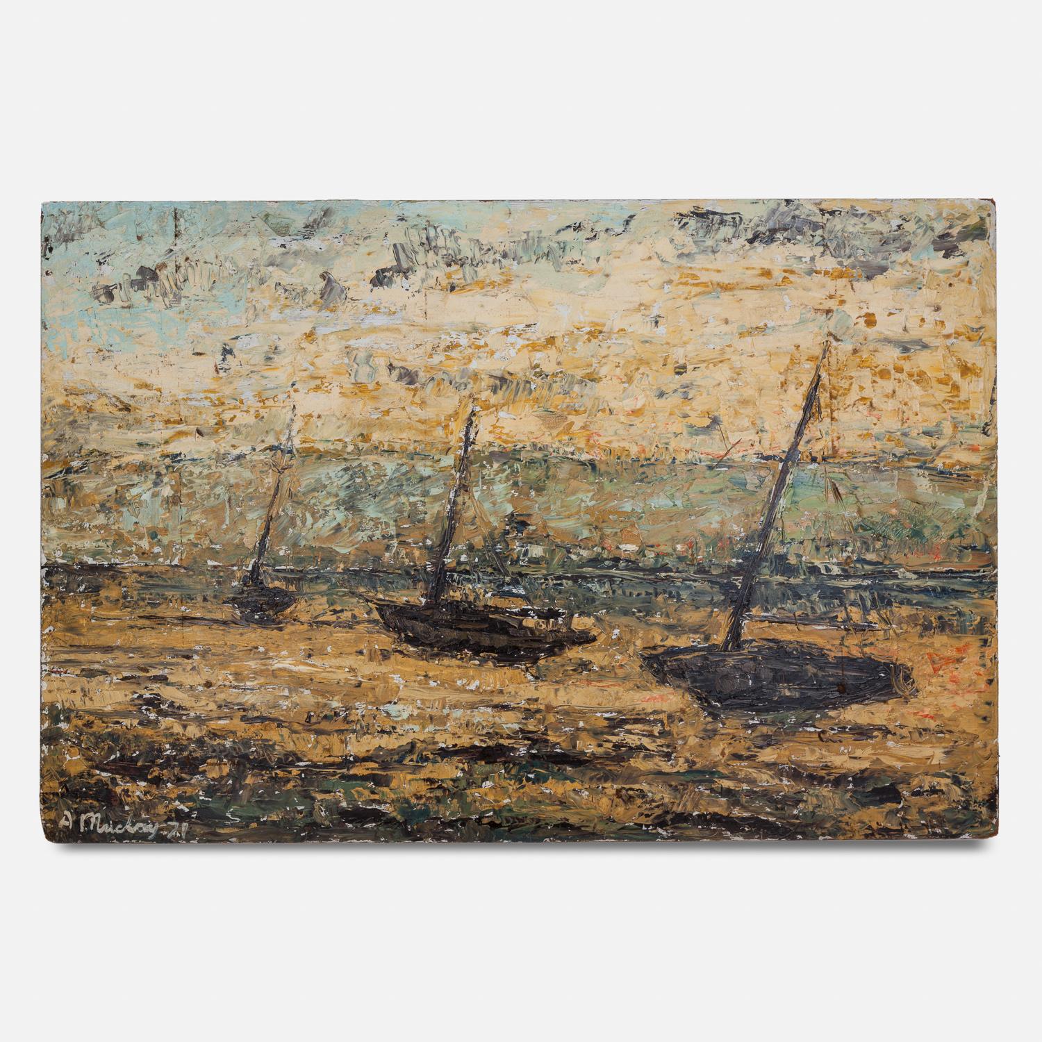 20th Century Oil on Board Painting of Moored Sailing Boats by A. Mackay  - Art by Unknown