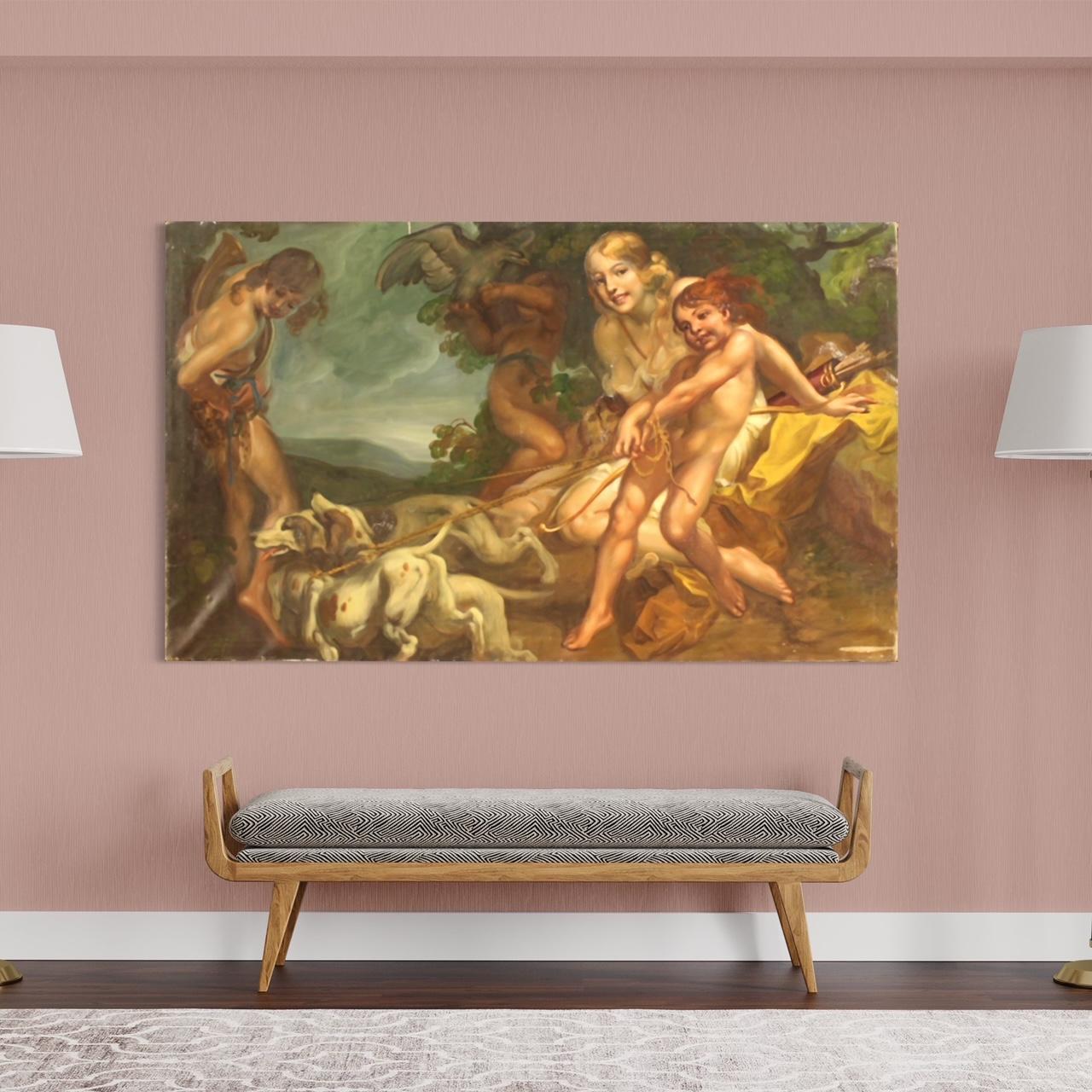 Italian painting from the first half of the 20th century. Framework oil on canvas depicting mythological subject Diana the Huntress of excellent pictorial quality. Painting of great measure and impact, of excellent brightness and dynamism, without