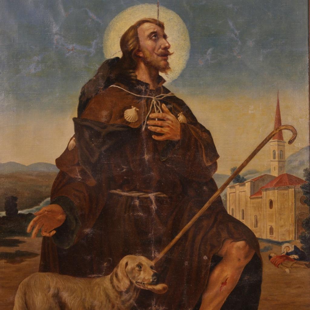 huile sur toile du 20e siècle Peinture religieuse italienne Saint Roch avec chien, 1930 - Brown Portrait Painting par Unknown