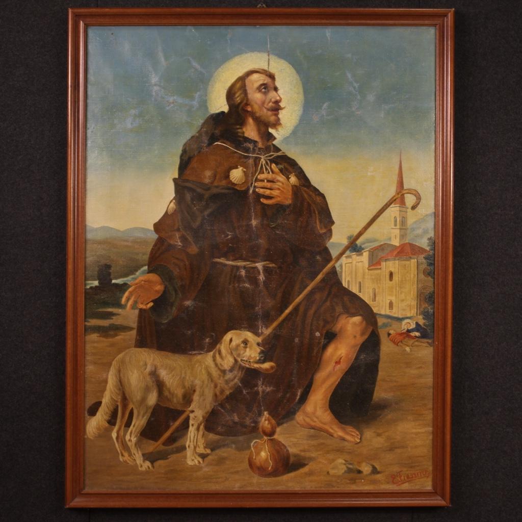 Portrait Painting Unknown - huile sur toile du 20e siècle Peinture religieuse italienne Saint Roch avec chien, 1930