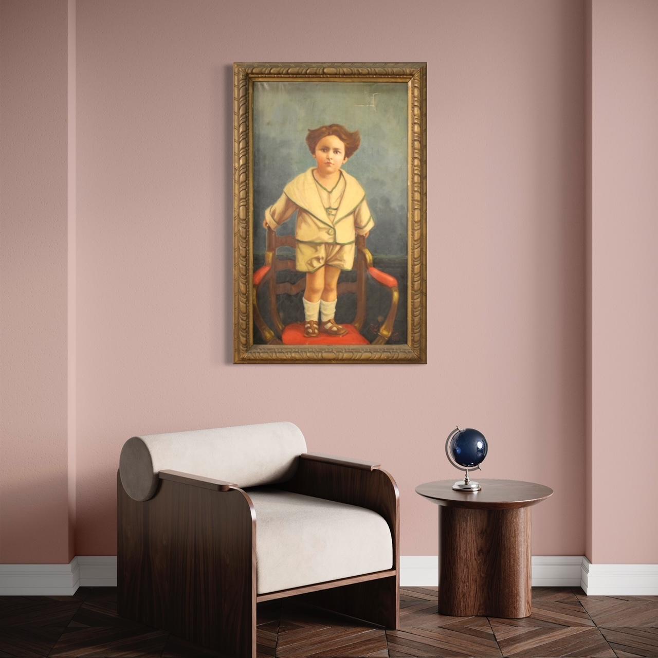 20th Century Oil on Canvas Italian Signed Dated Painting Portrait of Child, 1921 - Figurative Painting Black di Unknown