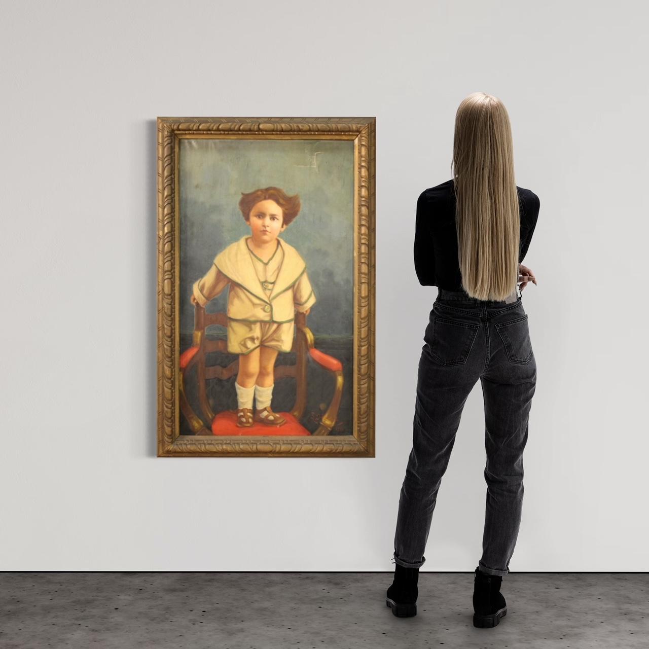 20th Century Oil on Canvas Italian Signed Dated Painting Portrait of Child, 1921 in vendita 1