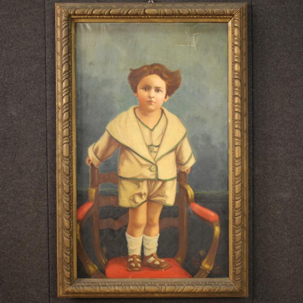 Figurative Painting di Unknown - 20th Century Oil on Canvas Italian Signed Dated Painting Portrait of Child, 1921