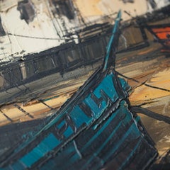 Huile sur toile du 20e siècle représentant une scène de port par Boris Cenic