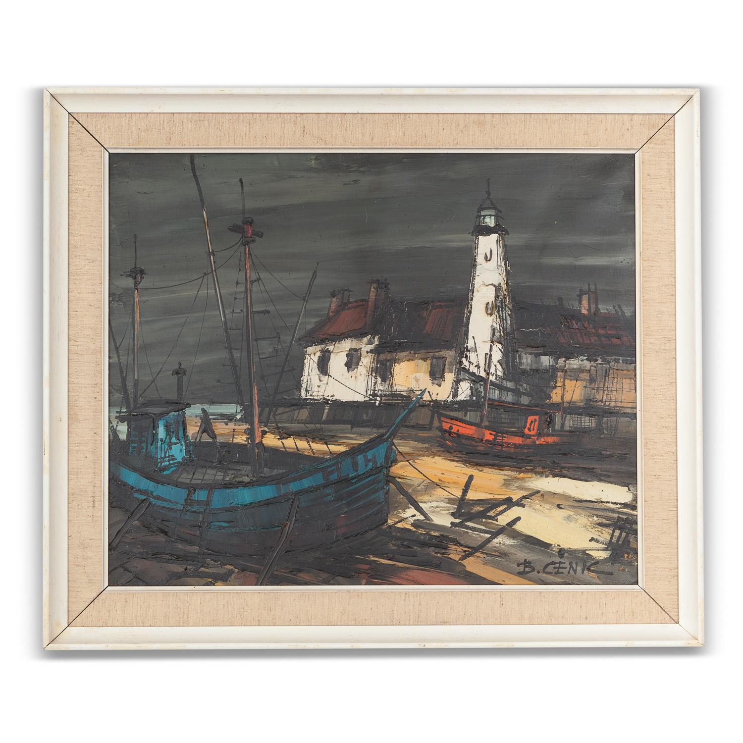 Unknown Landscape Painting - 20th Century Oil on Canvas of Harbour Scene by Boris Cenic