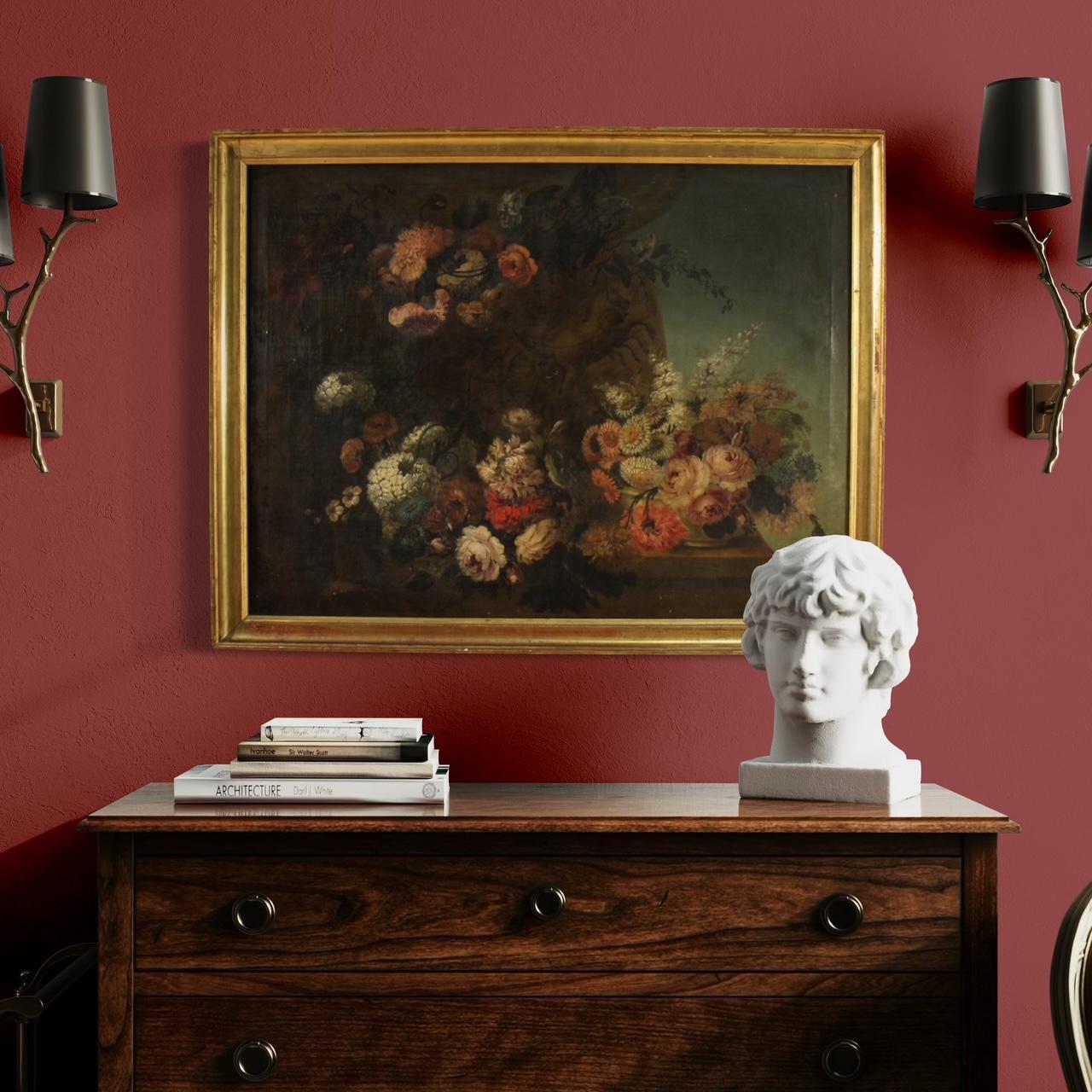 Spanish painting from the early 20th century. Oil on canvas, first canvas, painting depicting a still life with flowers of excellent pictorial quality. Painting adorned with a contemporary frame in carved and gilded wood, with beautiful decoration.