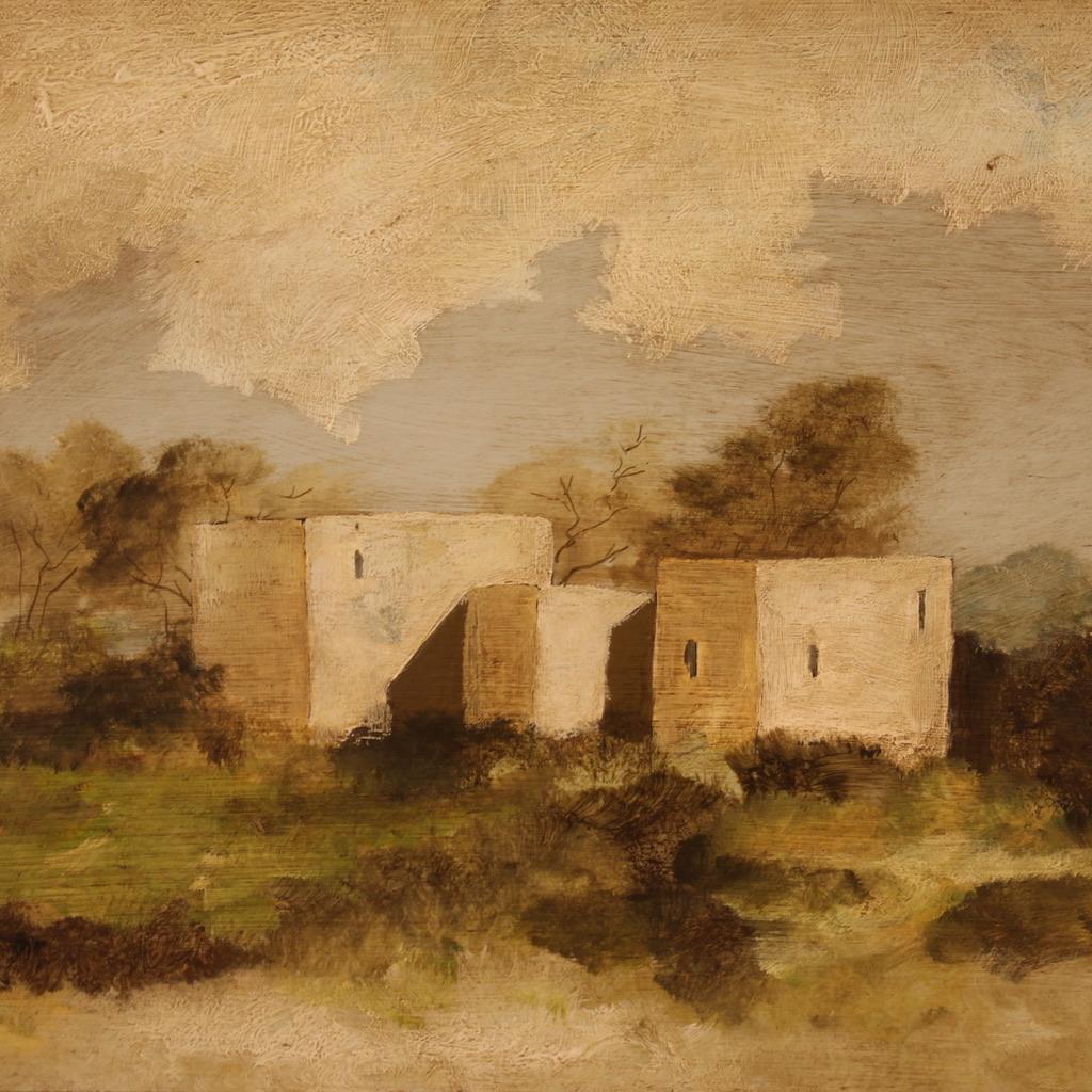 siglo XX Óleo sobre masonita Pintura de paisaje firmada en italiano, 1960 en venta 6