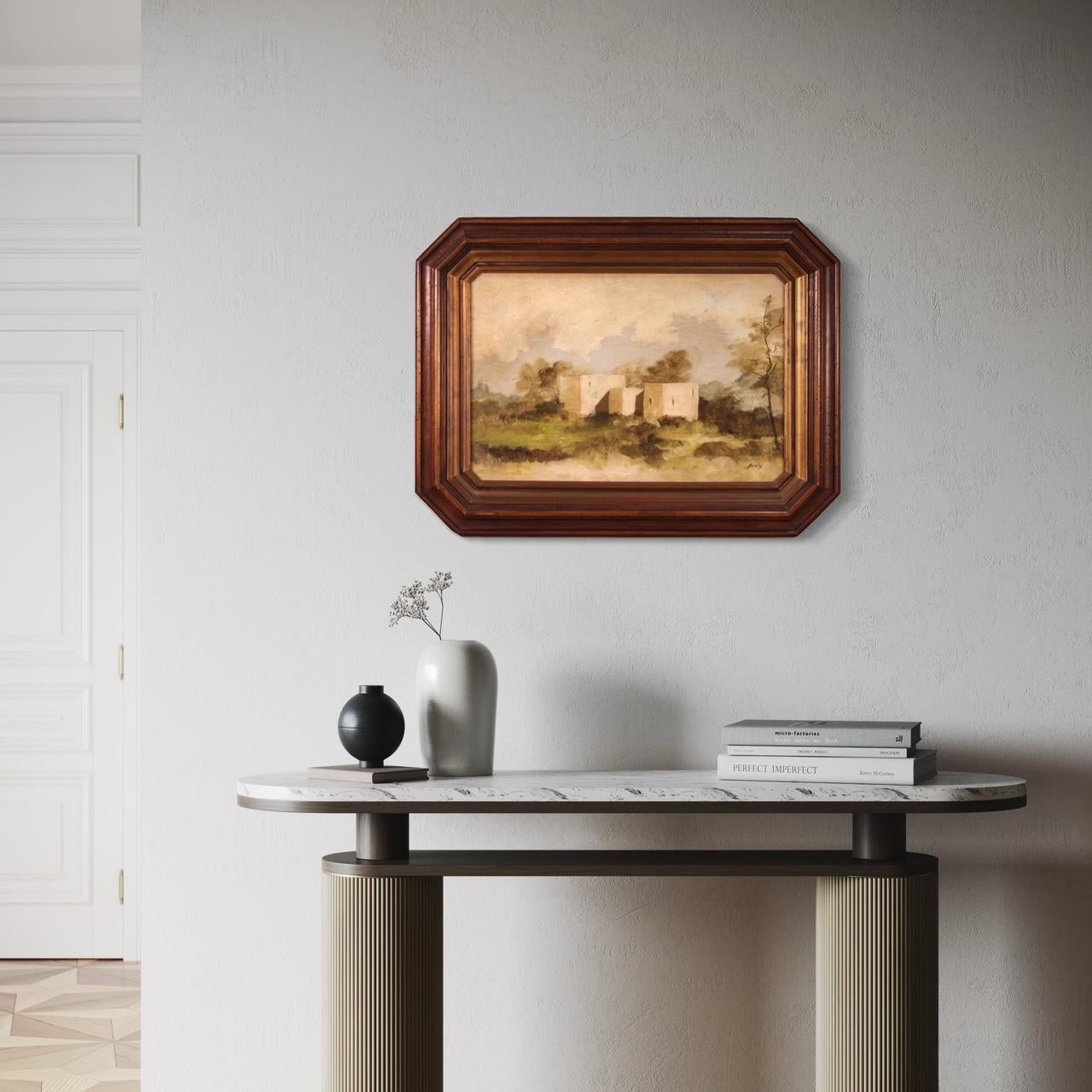 Pintura italiana de la segunda mitad del siglo XX. Obra de arte al óleo sobre masonita que representa una vista con pequeñas casas en el verde de buena calidad pictórica. Cuadro adornado con un marco octogonal de madera tallada y enriquecida con