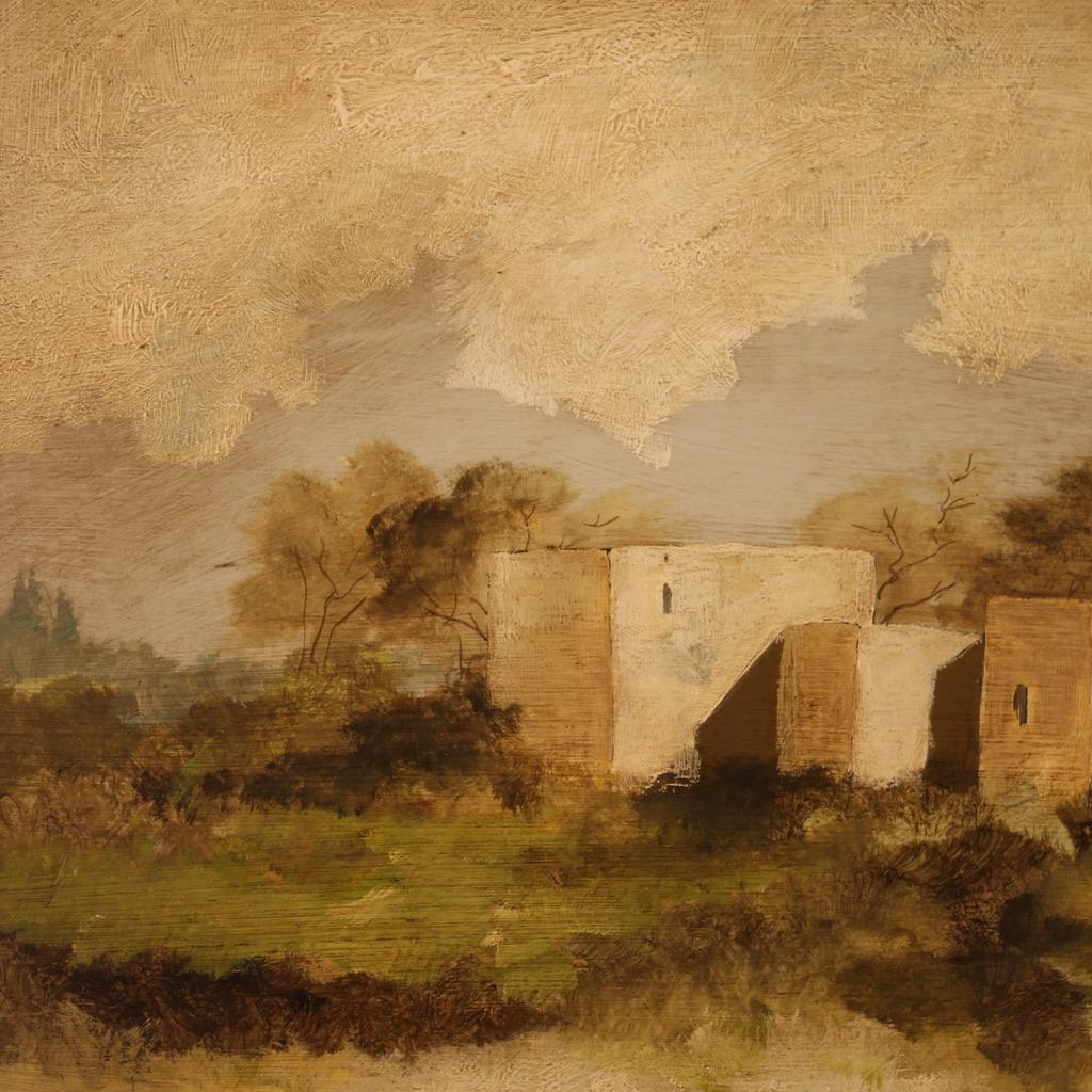 siglo XX Óleo sobre masonita Pintura de paisaje firmada en italiano, 1960 en venta 2