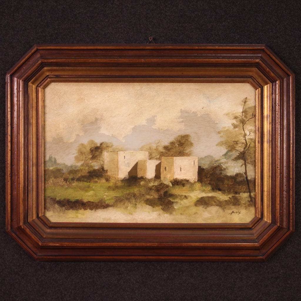 Landscape Painting de Unknown - siglo XX Óleo sobre masonita Pintura de paisaje firmada en italiano, 1960