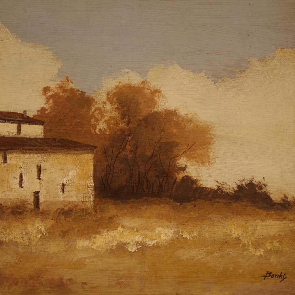 siglo XX Óleo sobre masonita Firmado Paisaje Pequeña casa Pintura italiana, 1960 en venta 6