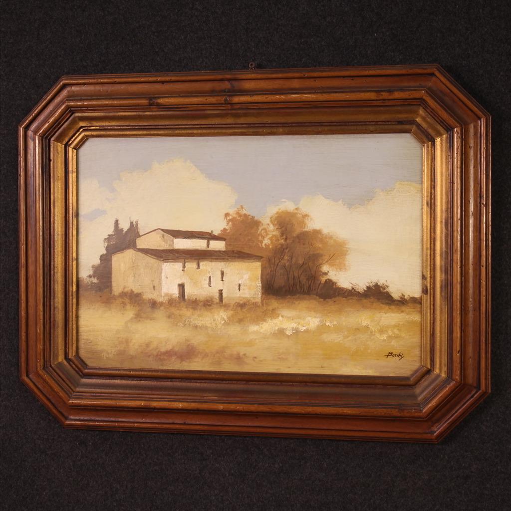 siglo XX Óleo sobre masonita Firmado Paisaje Pequeña casa Pintura italiana, 1960 en venta 7