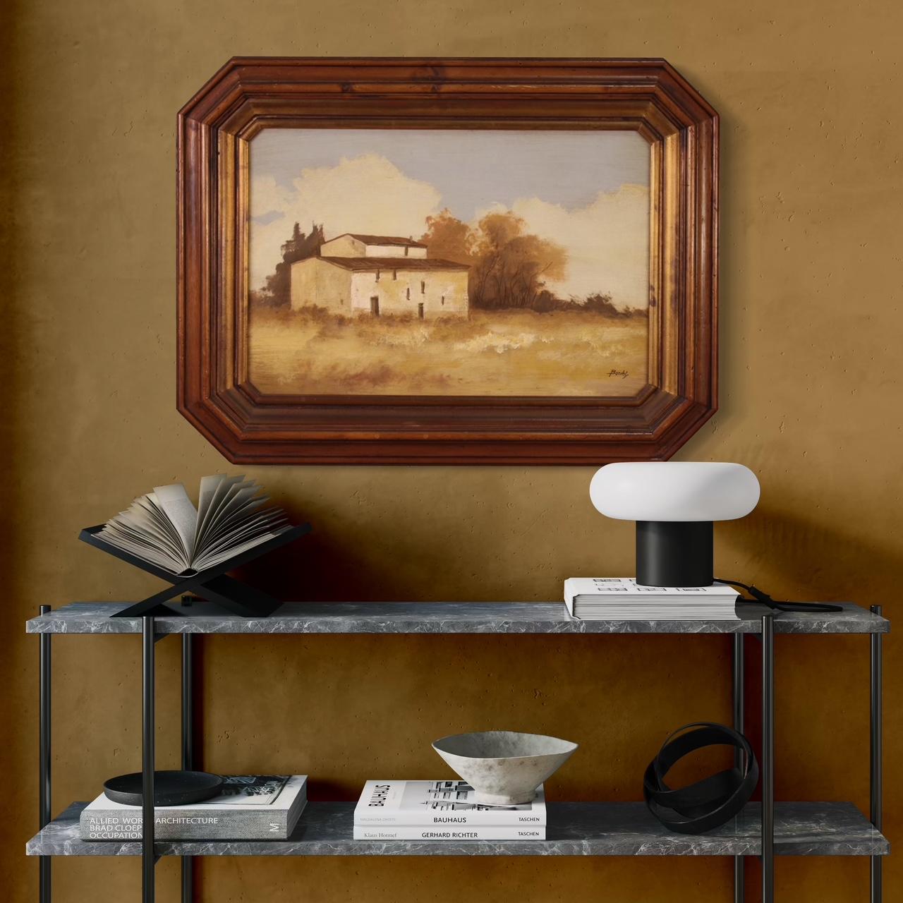siglo XX Óleo sobre masonita Firmado Paisaje Pequeña casa Pintura italiana, 1960 - Painting de Unknown