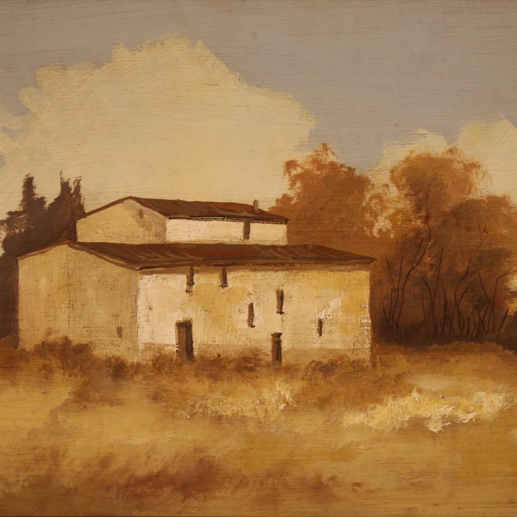siglo XX Óleo sobre masonita Firmado Paisaje Pequeña casa Pintura italiana, 1960 - Landscape Painting Brown de Unknown